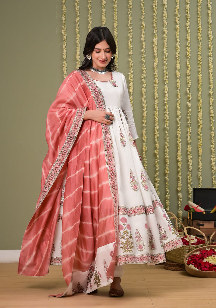 Pegaam block print muslin anarkali and duppata -2pcs