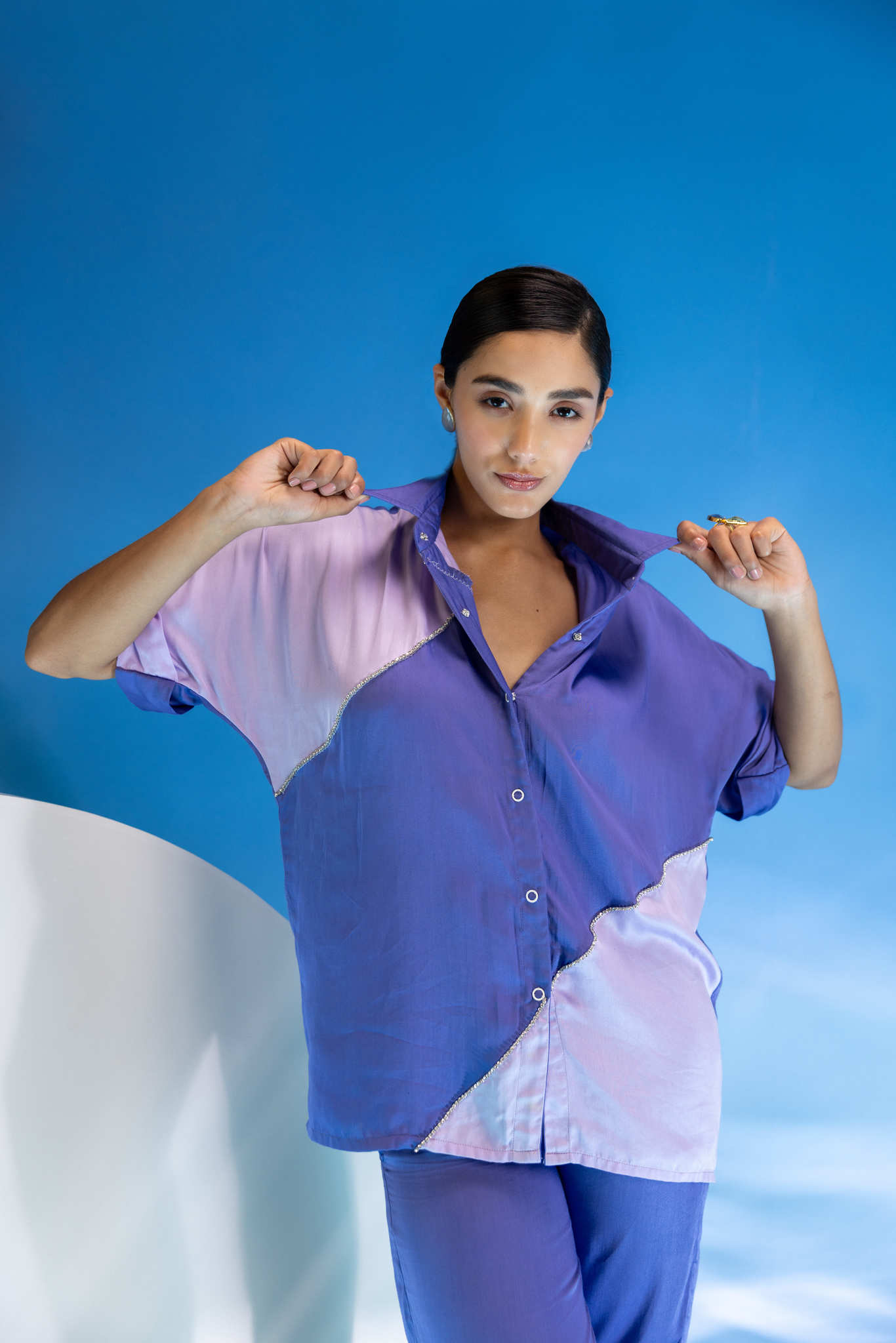 Blue -Mauve rhinestone colourblock co-Ord set-2pcs