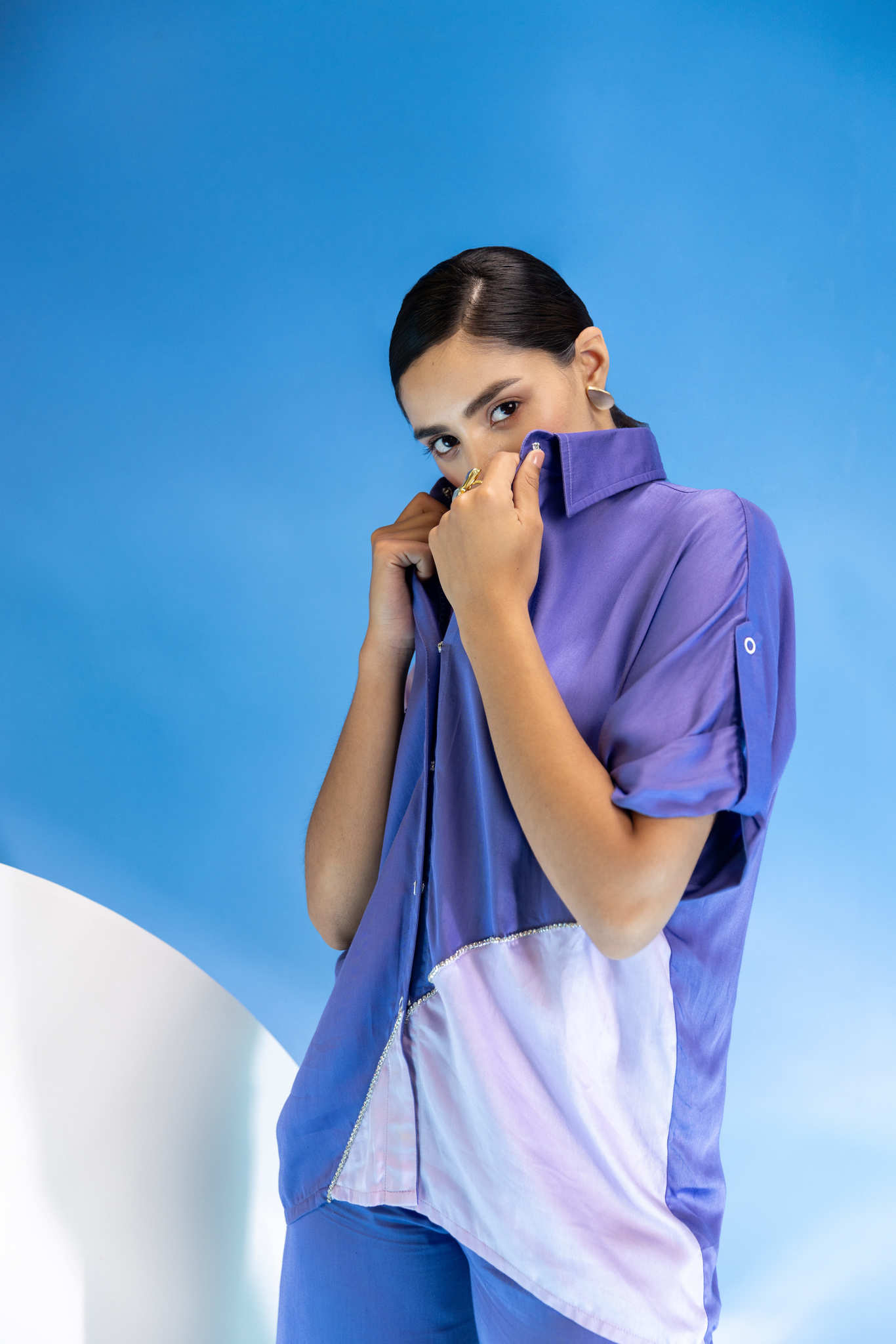 Blue -Mauve rhinestone colourblock co-Ord set-2pcs