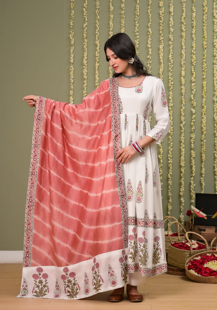 Pegaam block print muslin anarkali and duppata -2pcs