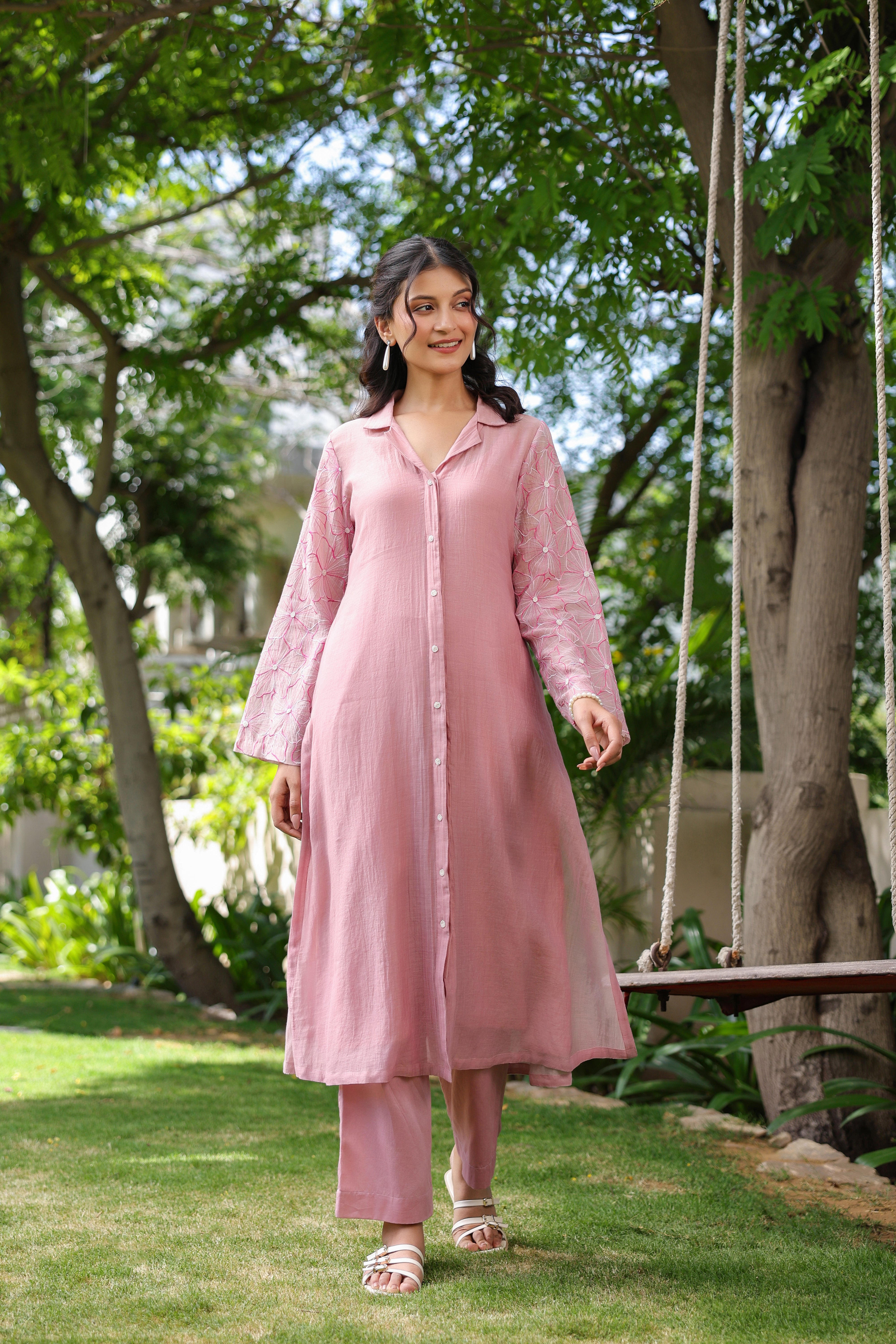 Gul Pink Sleeve Embroidered Coord Set