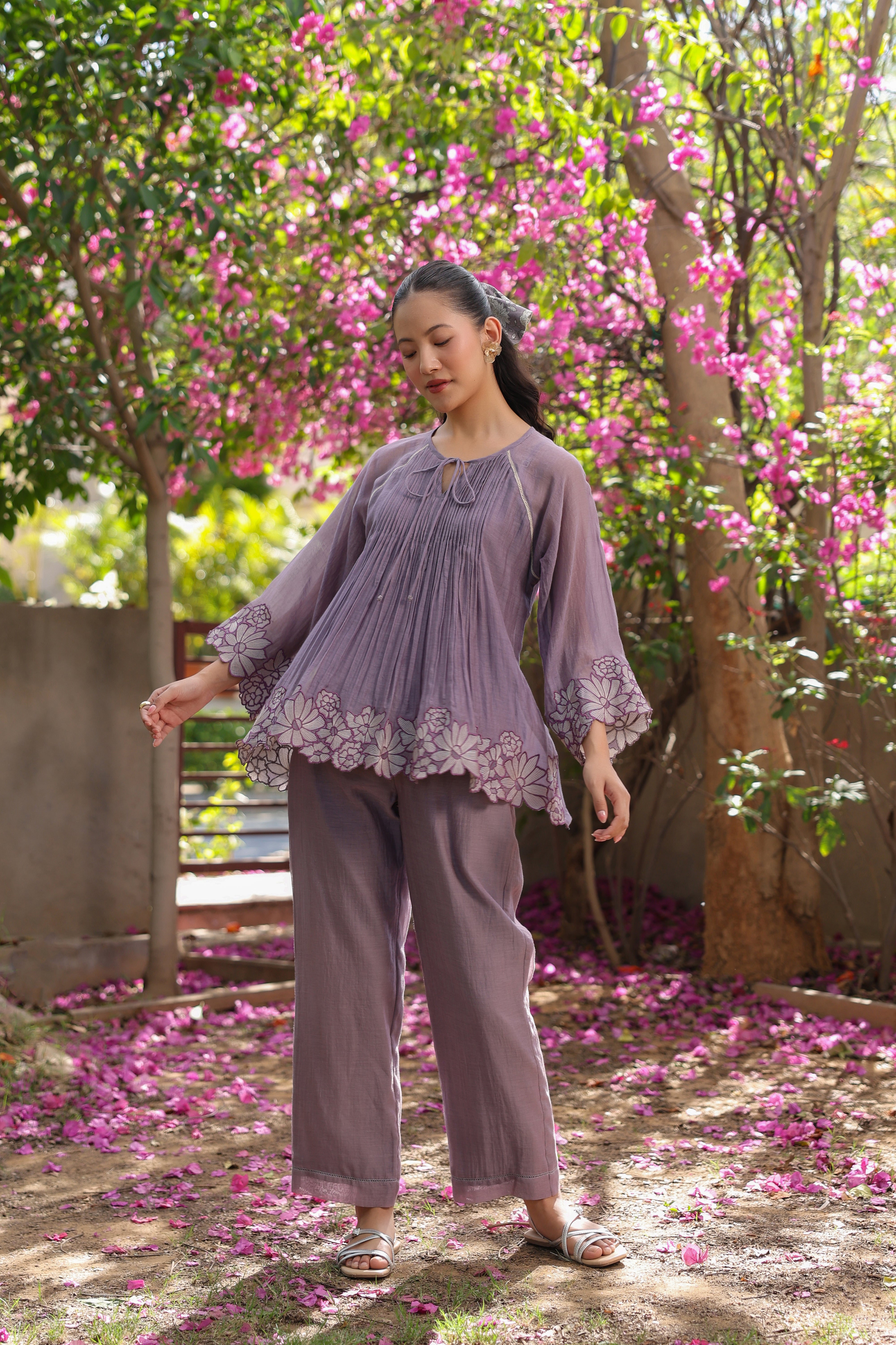 Gul Purple Pintuck Embroidered Coord Set