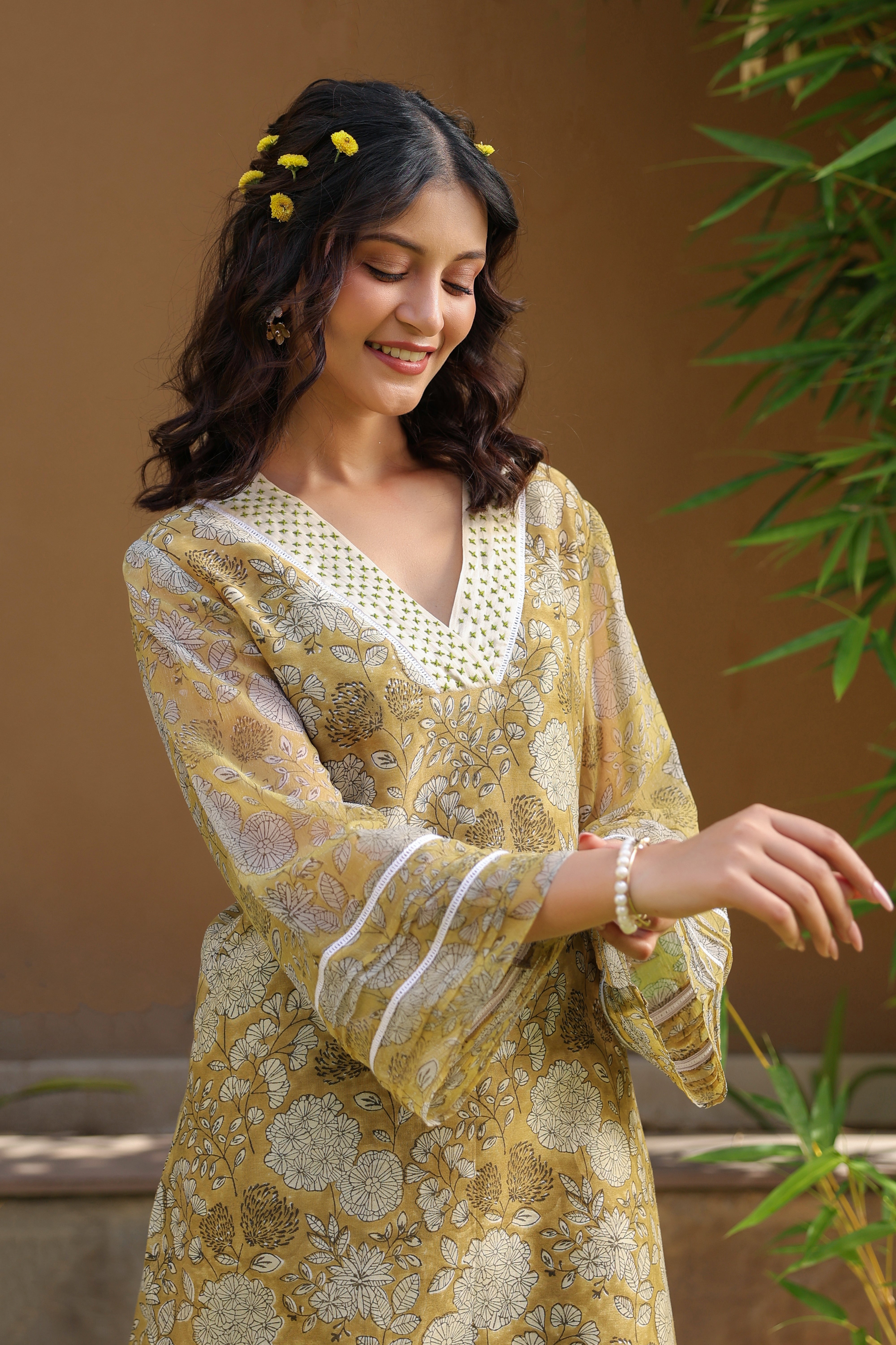Gul Green Chanderi Printed Suit Set