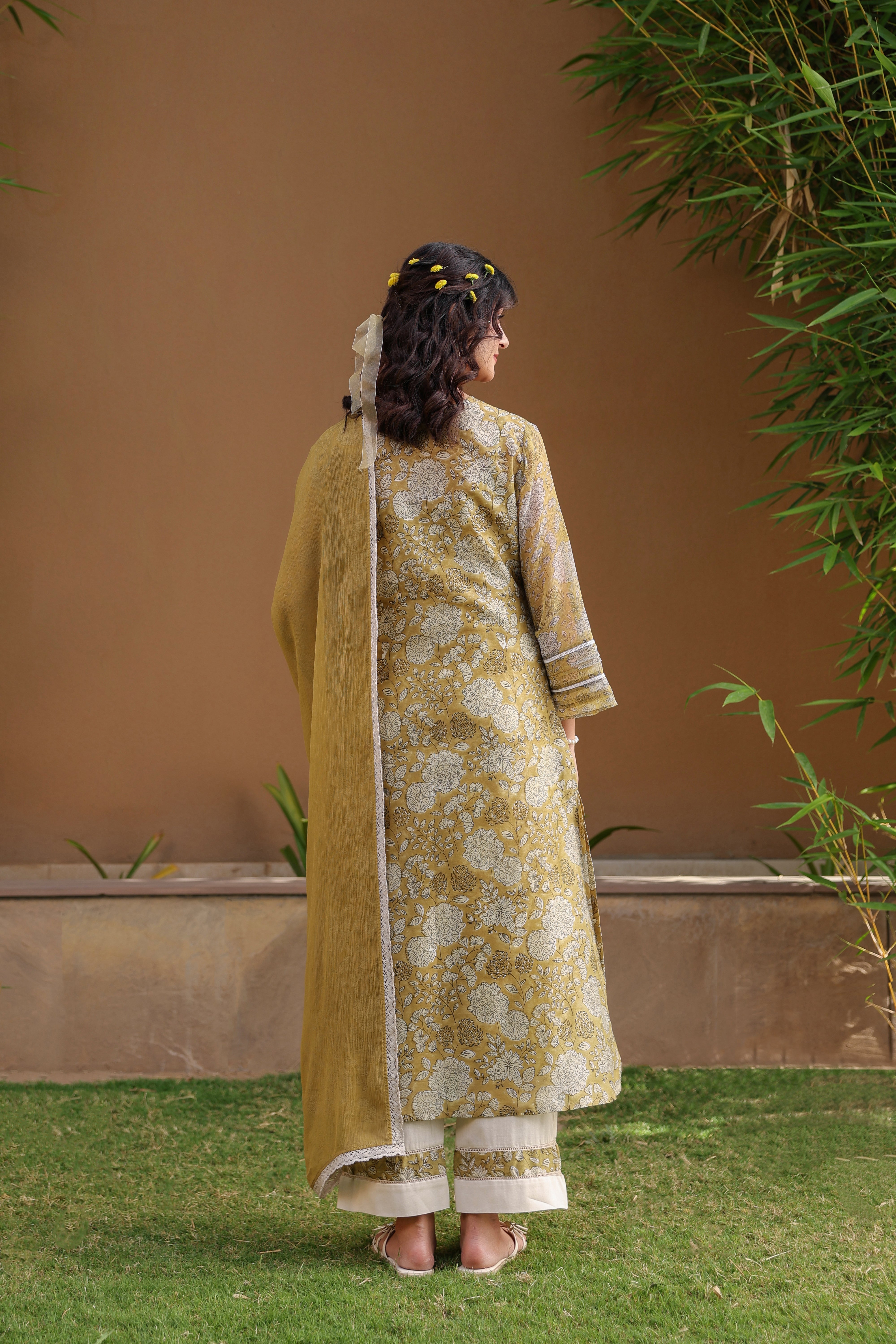 Gul Green Chanderi Printed Suit Set