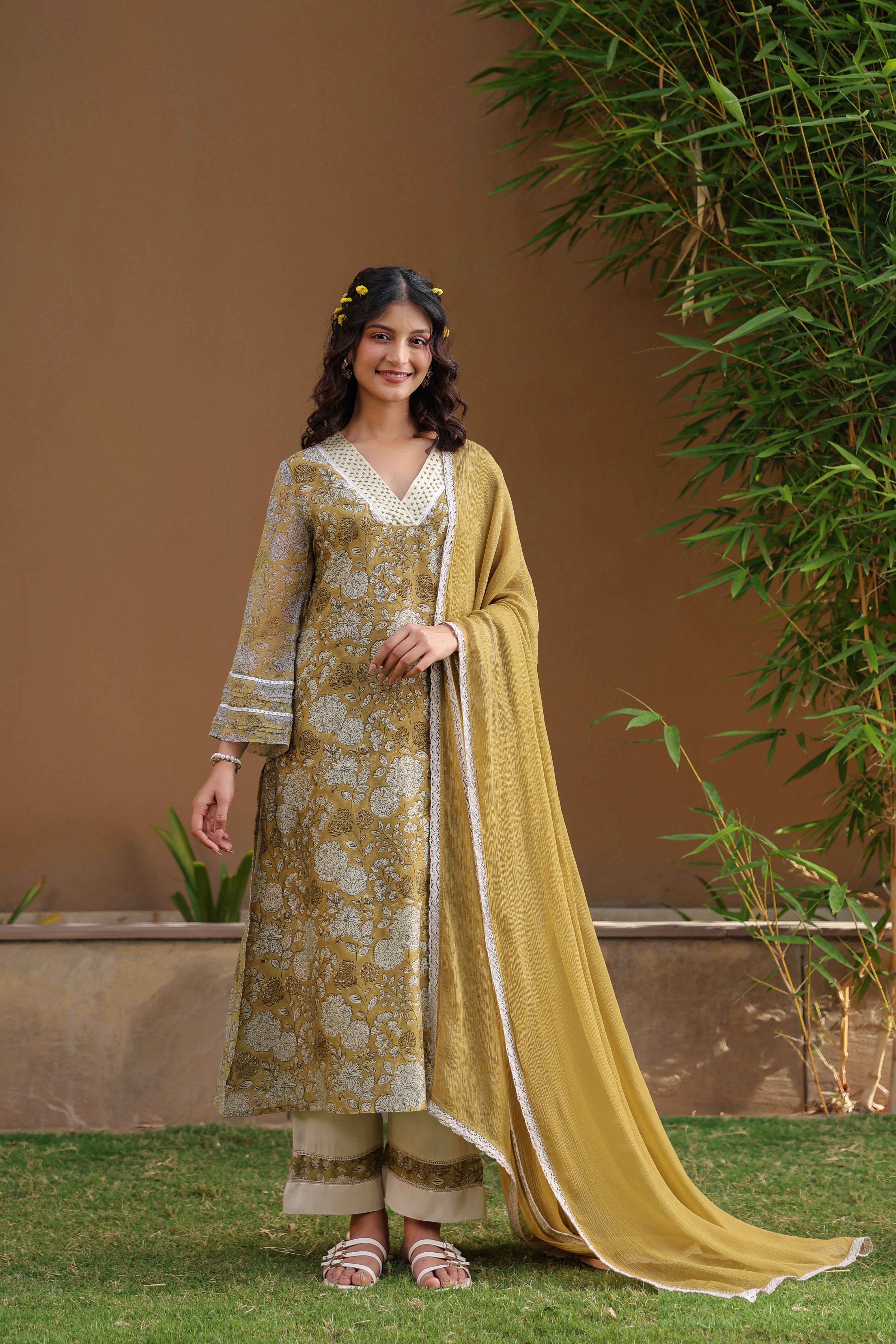 Gul Green Chanderi Printed Suit Set