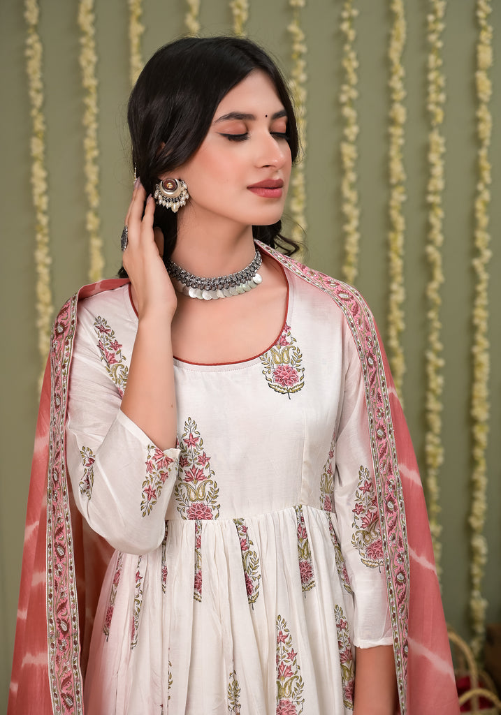 Pegaam block print muslin anarkali and duppata -2pcs