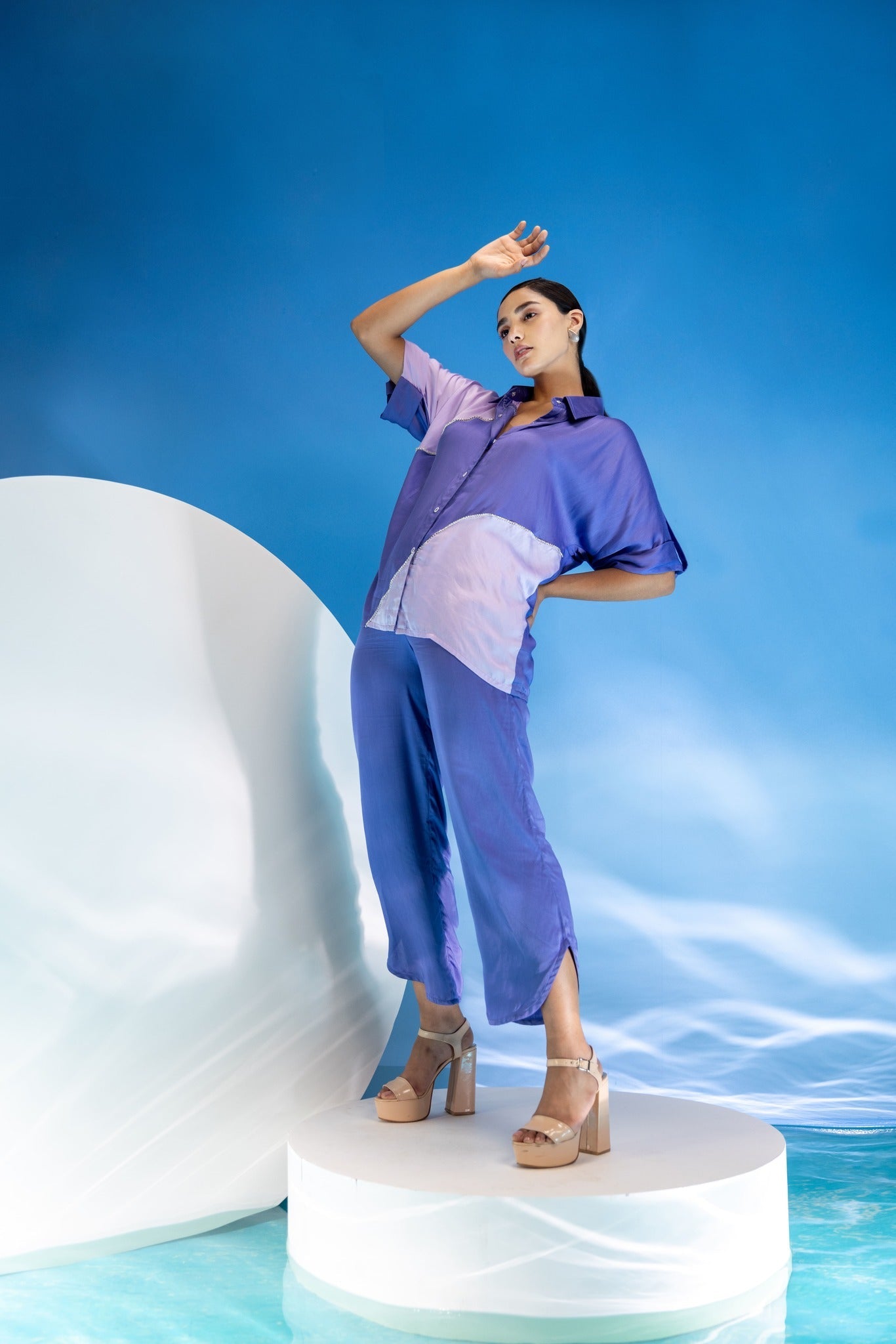 Blue -Mauve rhinestone colourblock co-Ord set-2pcs