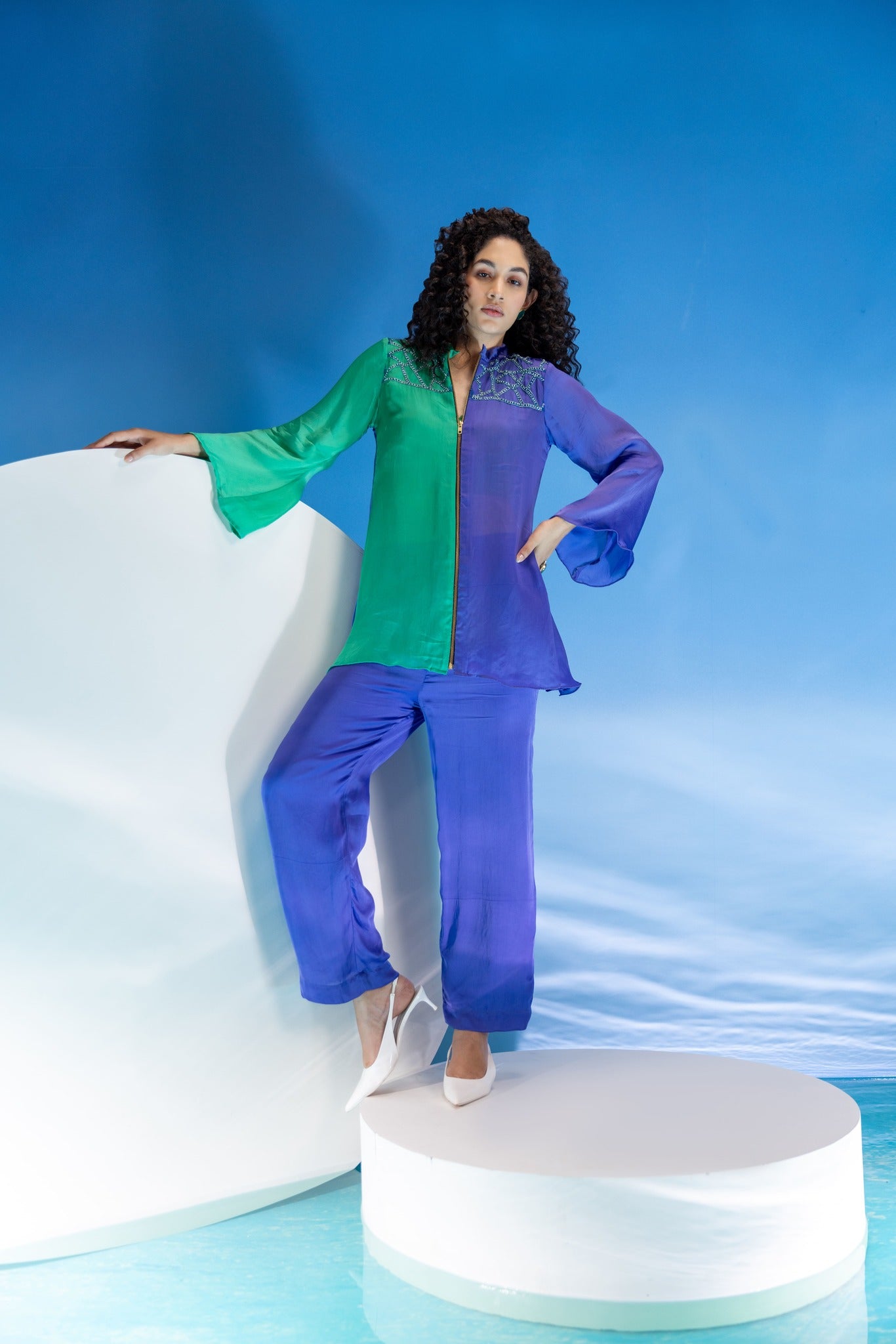 Color Block purple and Green Organza Co-Ord Set -2pcs