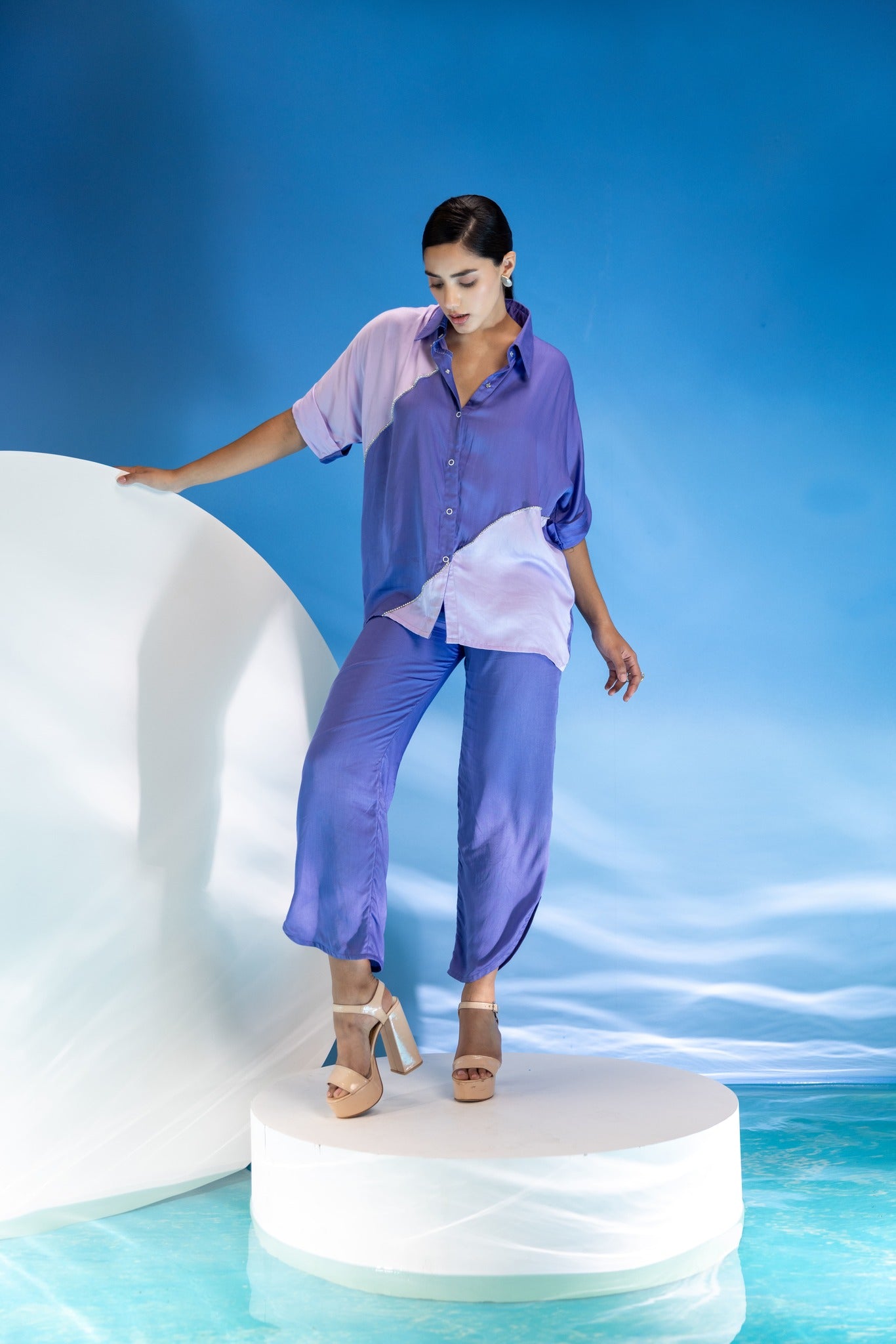 Blue -Mauve rhinestone colourblock co-Ord set-2pcs