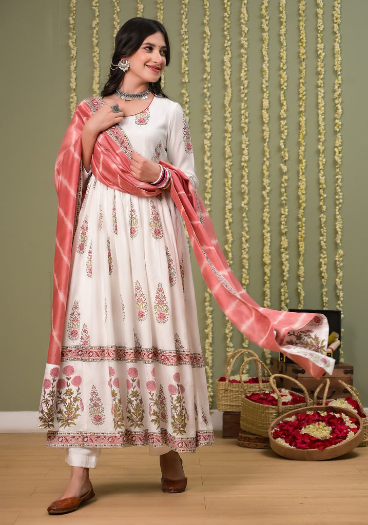 Pegaam block print muslin anarkali and duppata -2pcs