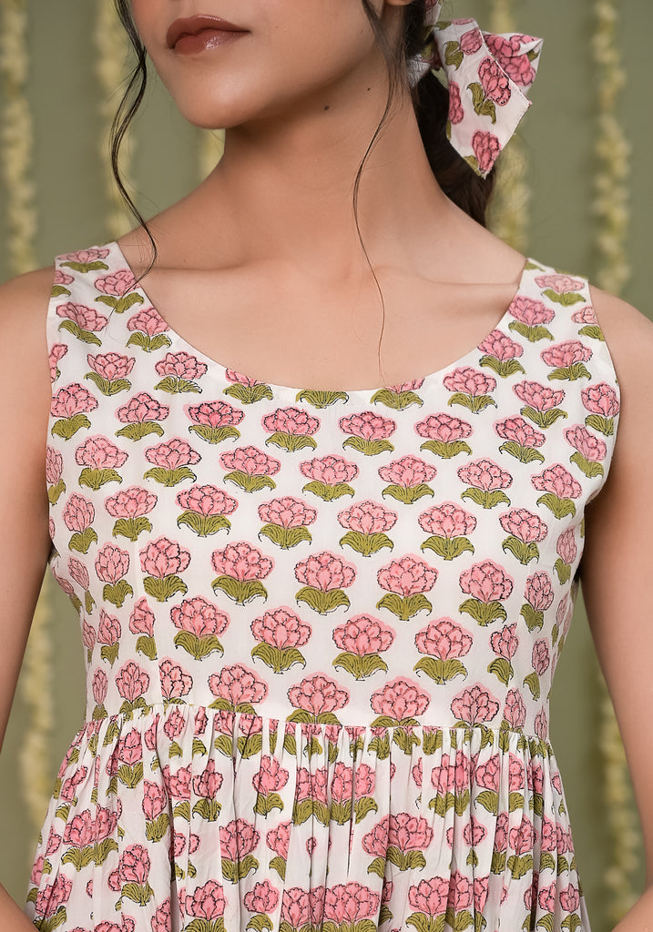 Pegaam Block Print White CottonTire Dress