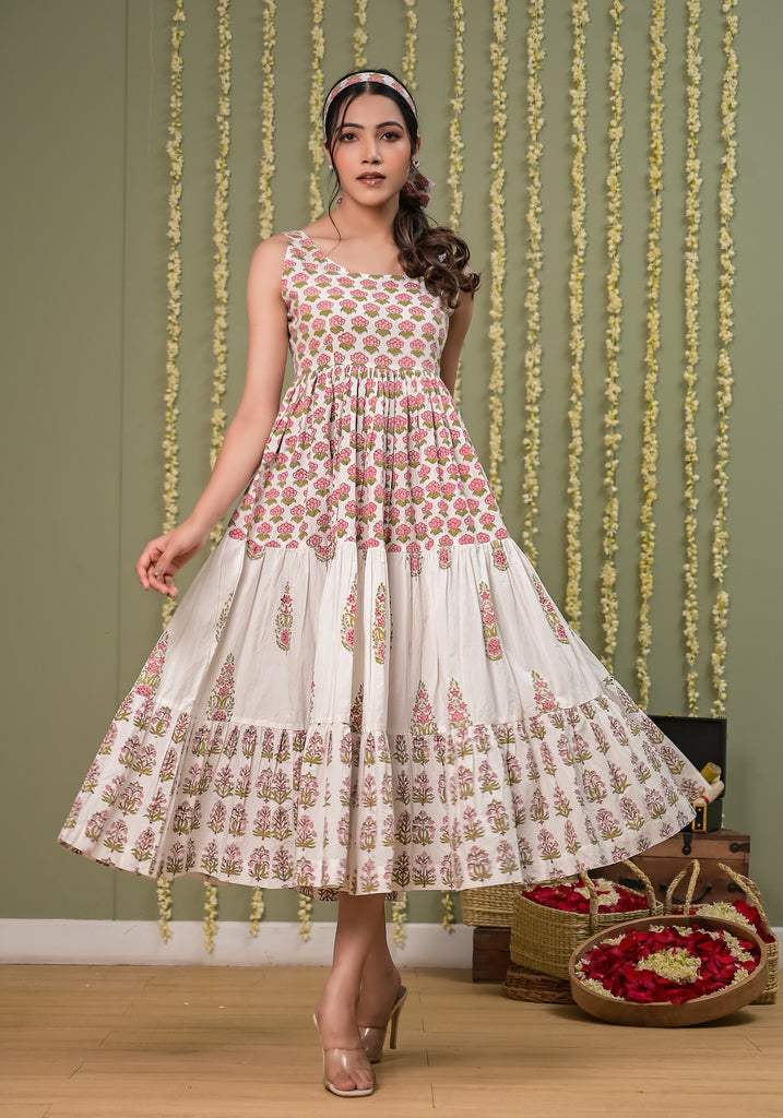 Pegaam Block Print White CottonTire Dress