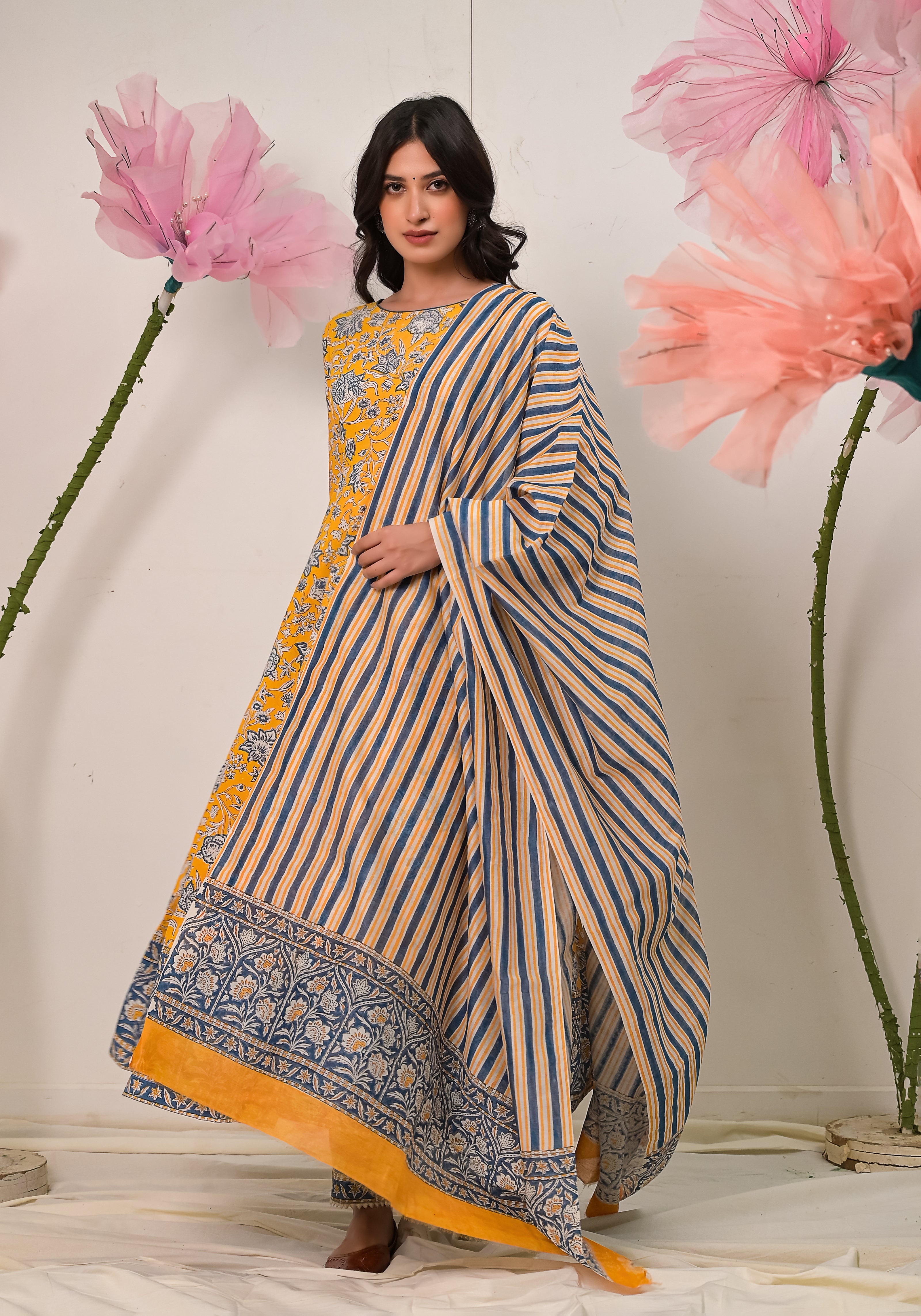 Florence Block Print Cotton Anarkali With Duppata