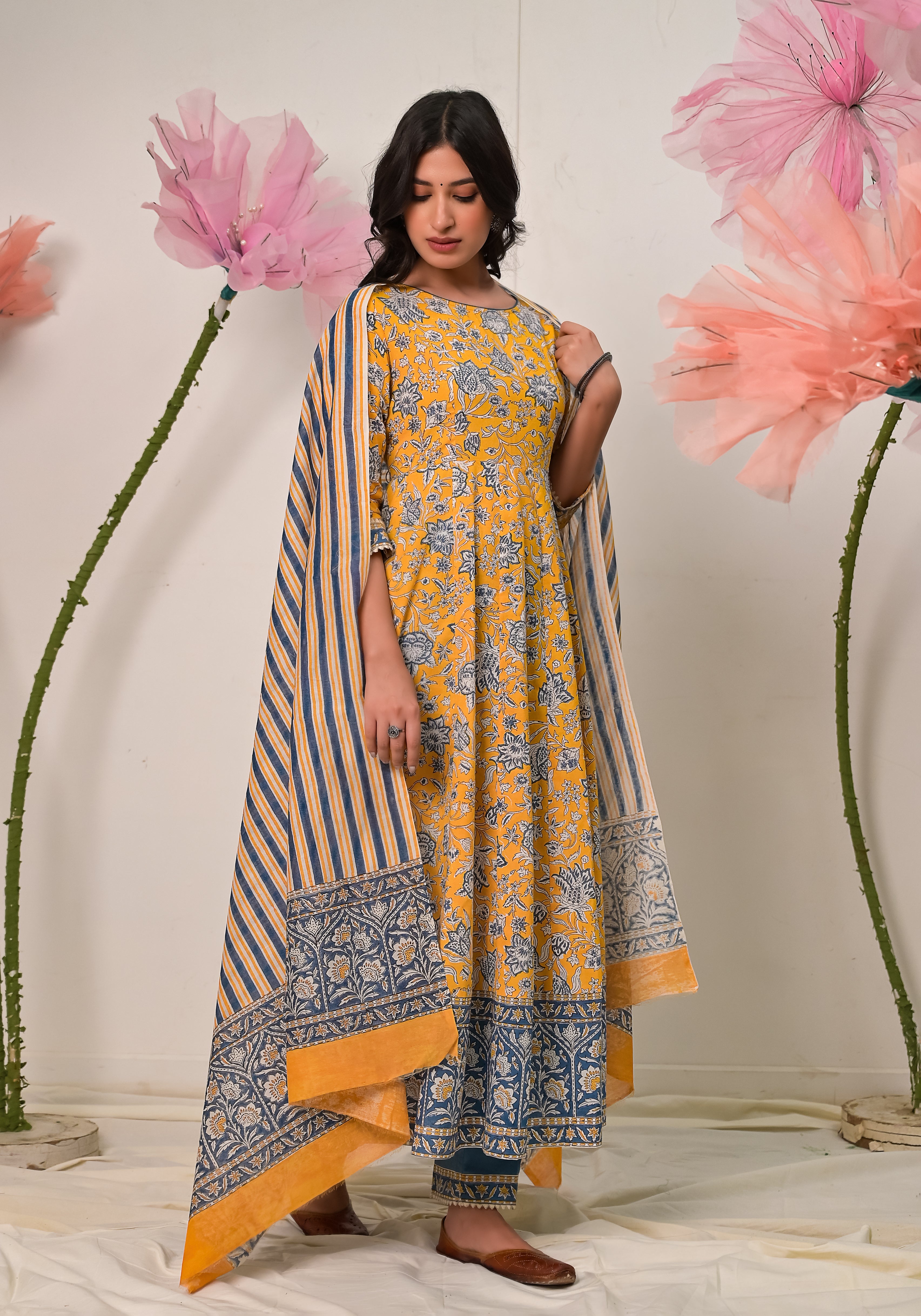 Florence Block Print Cotton Anarkali With Duppata
