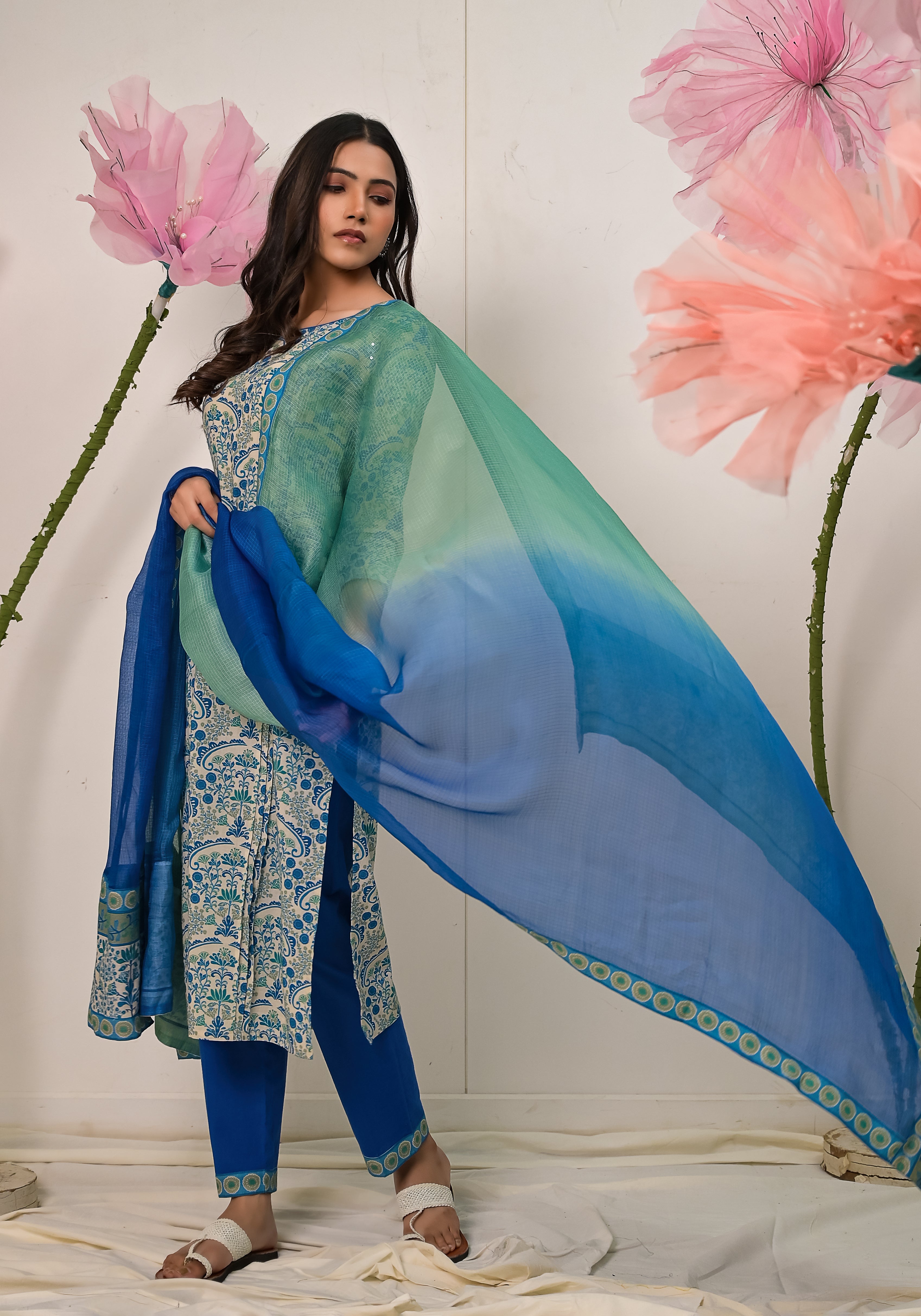 Florentina contemporary floral print cotton pintuck kurta set-3Pcs