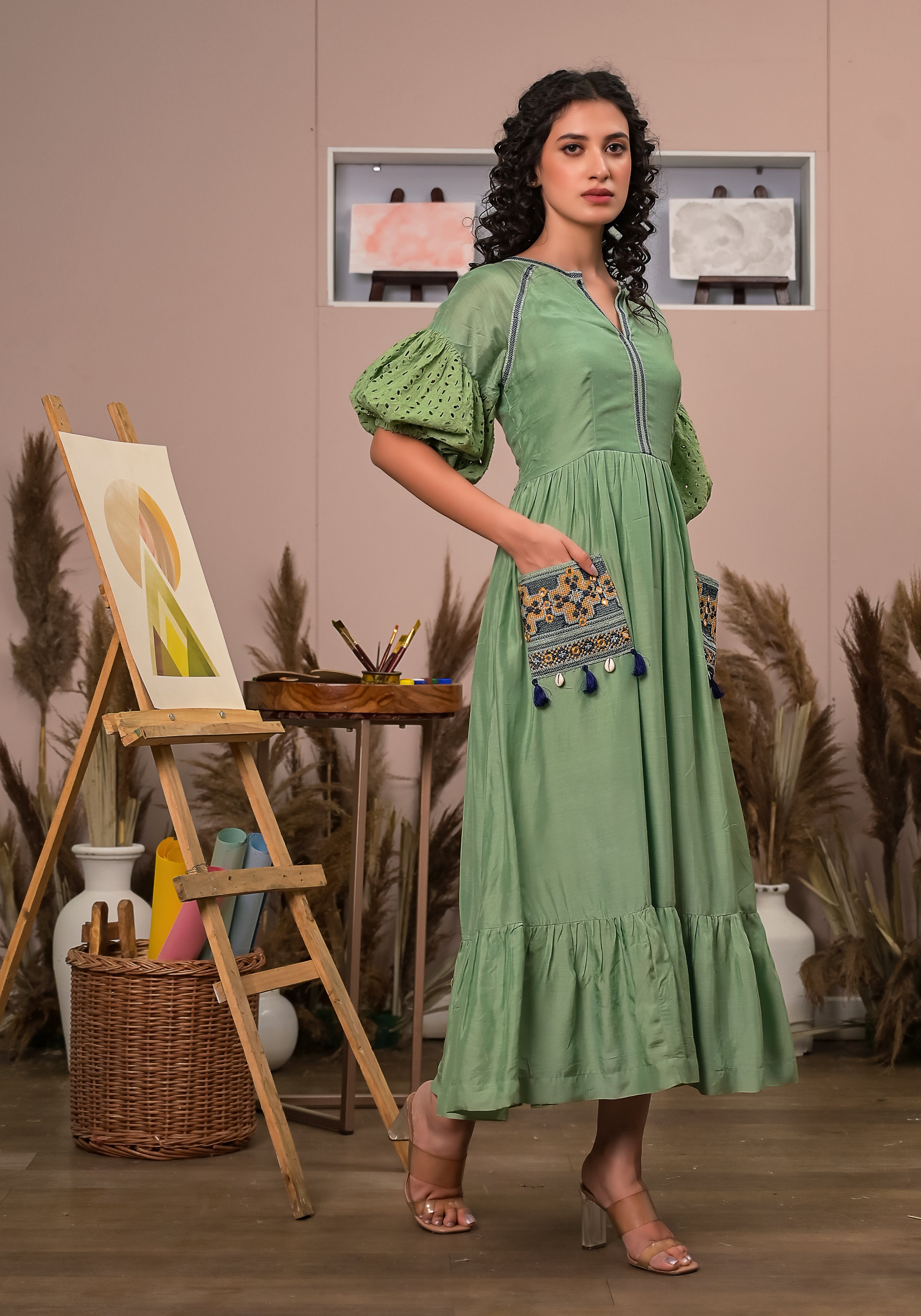 Boho Green Patch Pocket Dress