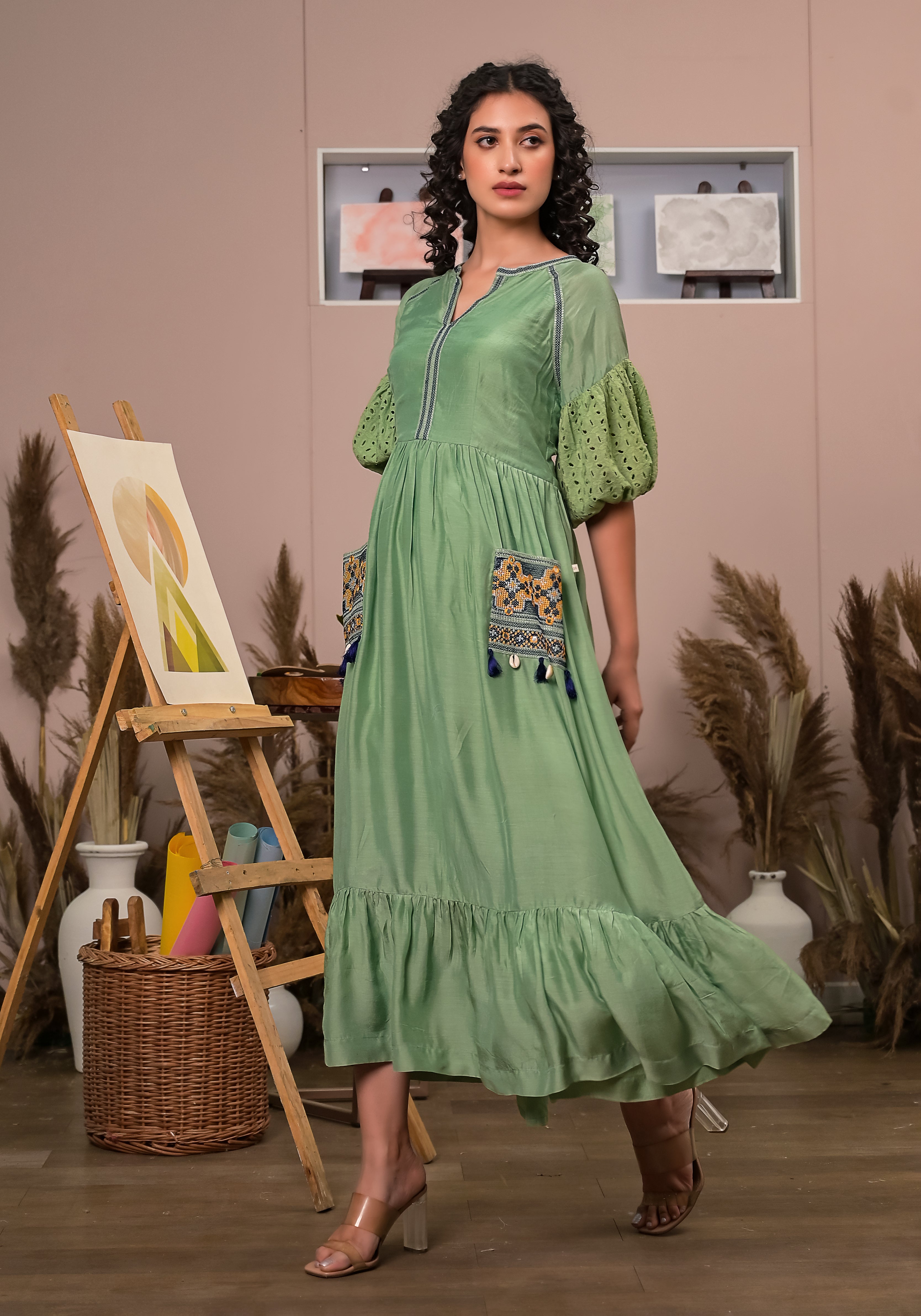 Boho Green Patch Pocket Dress