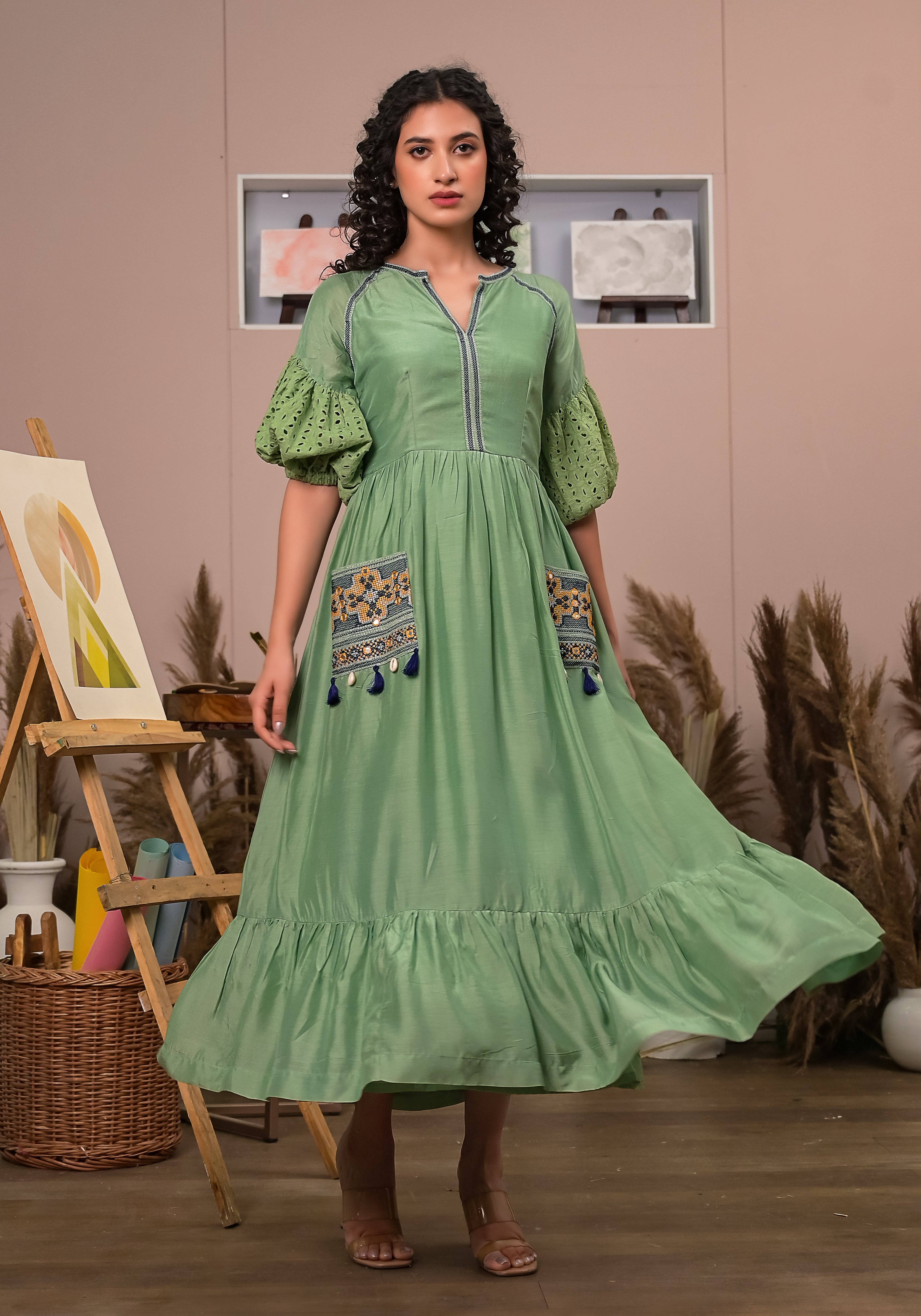 Boho Green Patch Pocket Dress