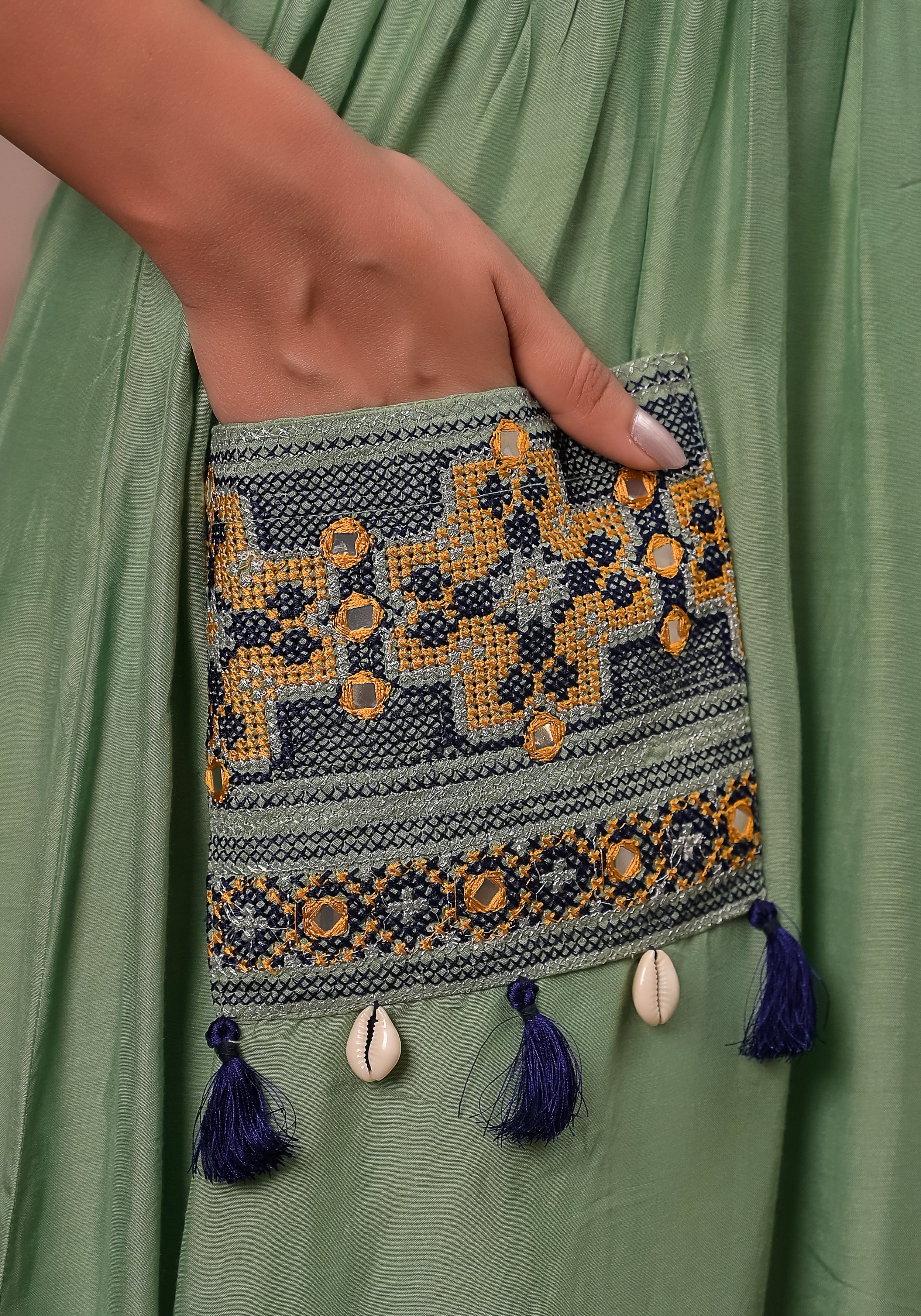 Boho Green Patch Pocket Dress