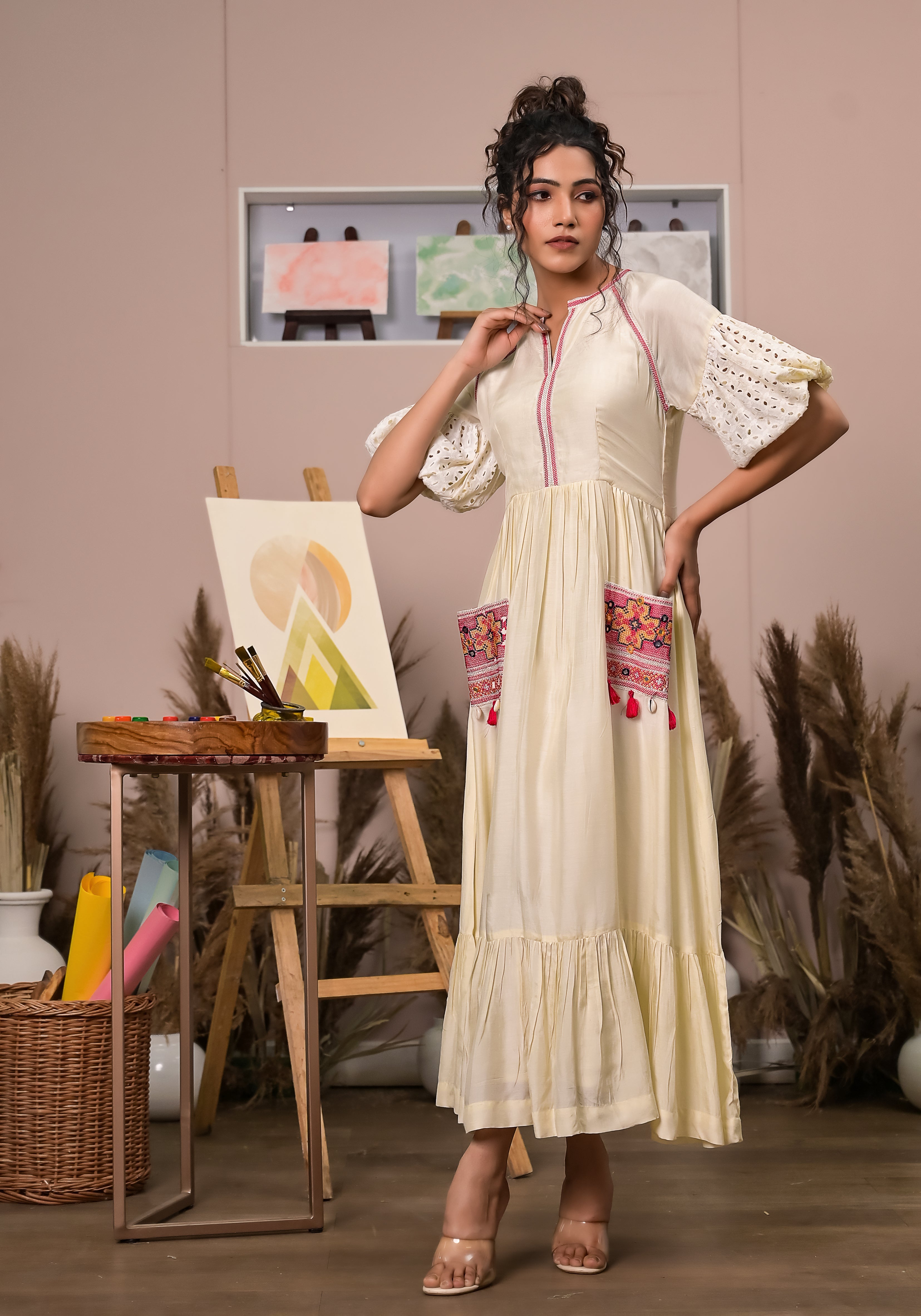 Boho Beige Patch Pocket Dress