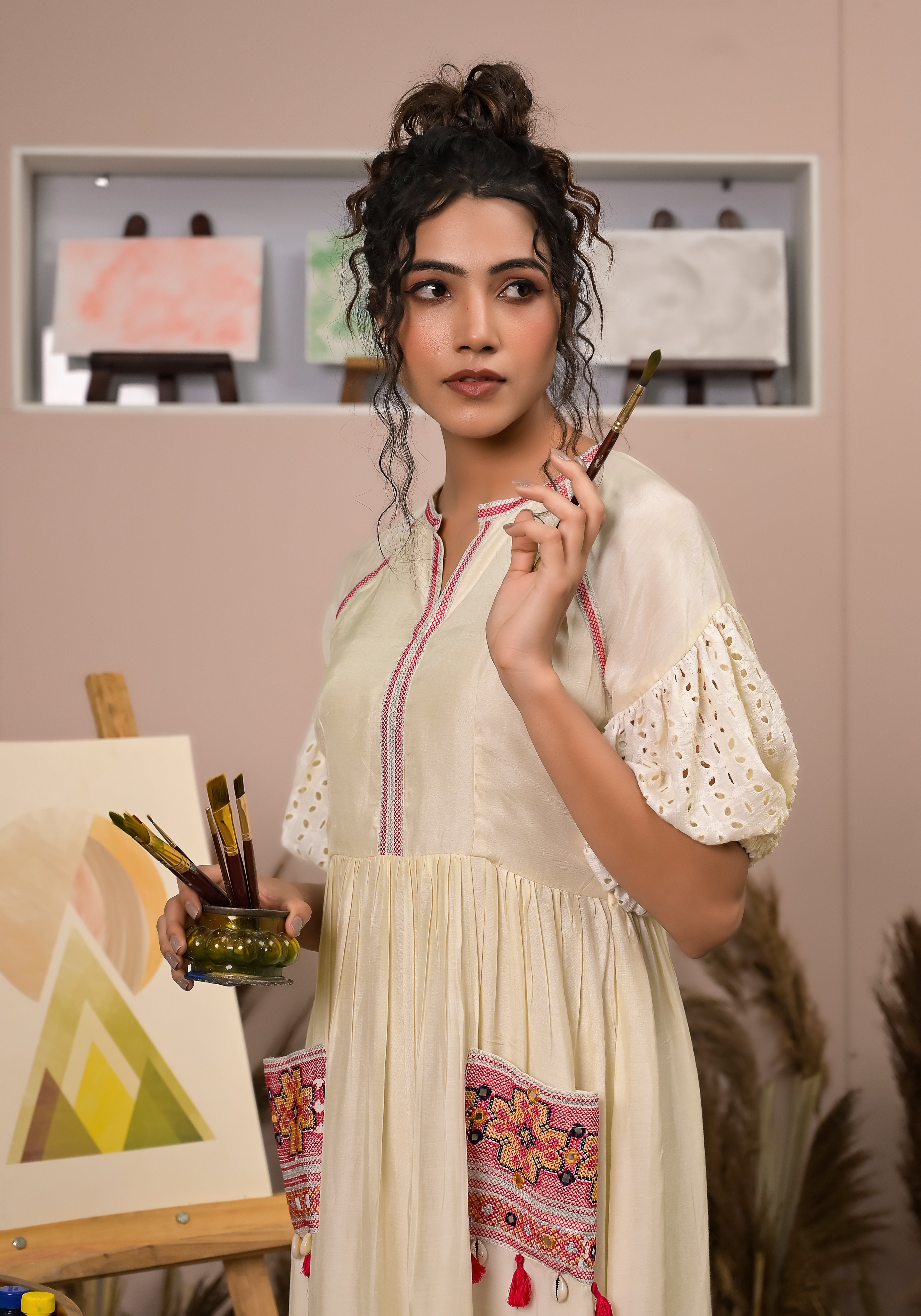 Boho Beige Patch Pocket Dress