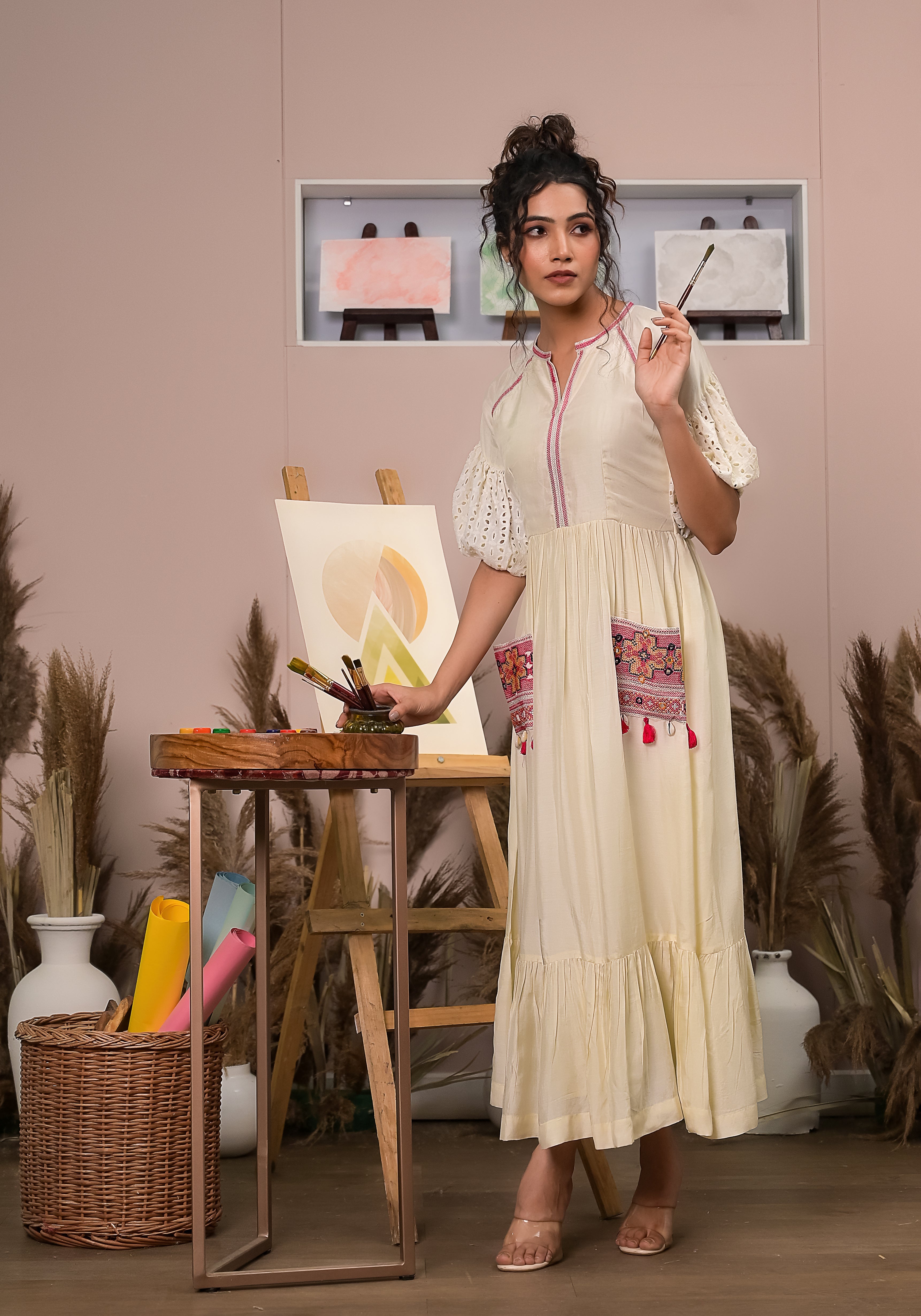 Boho Beige Patch Pocket Dress