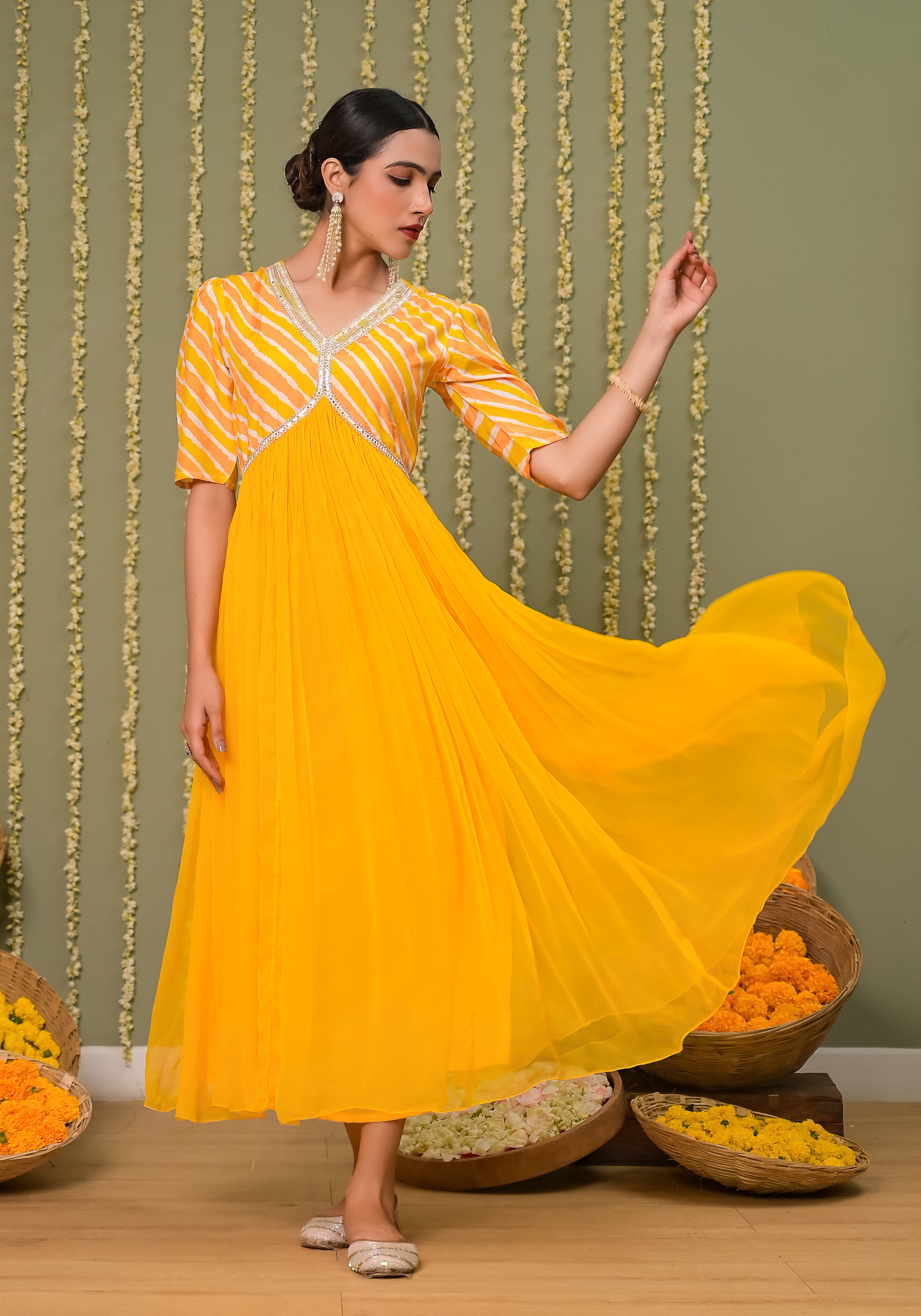 Amiya Leheriya Print Yoke and Solid Chiffon Dress