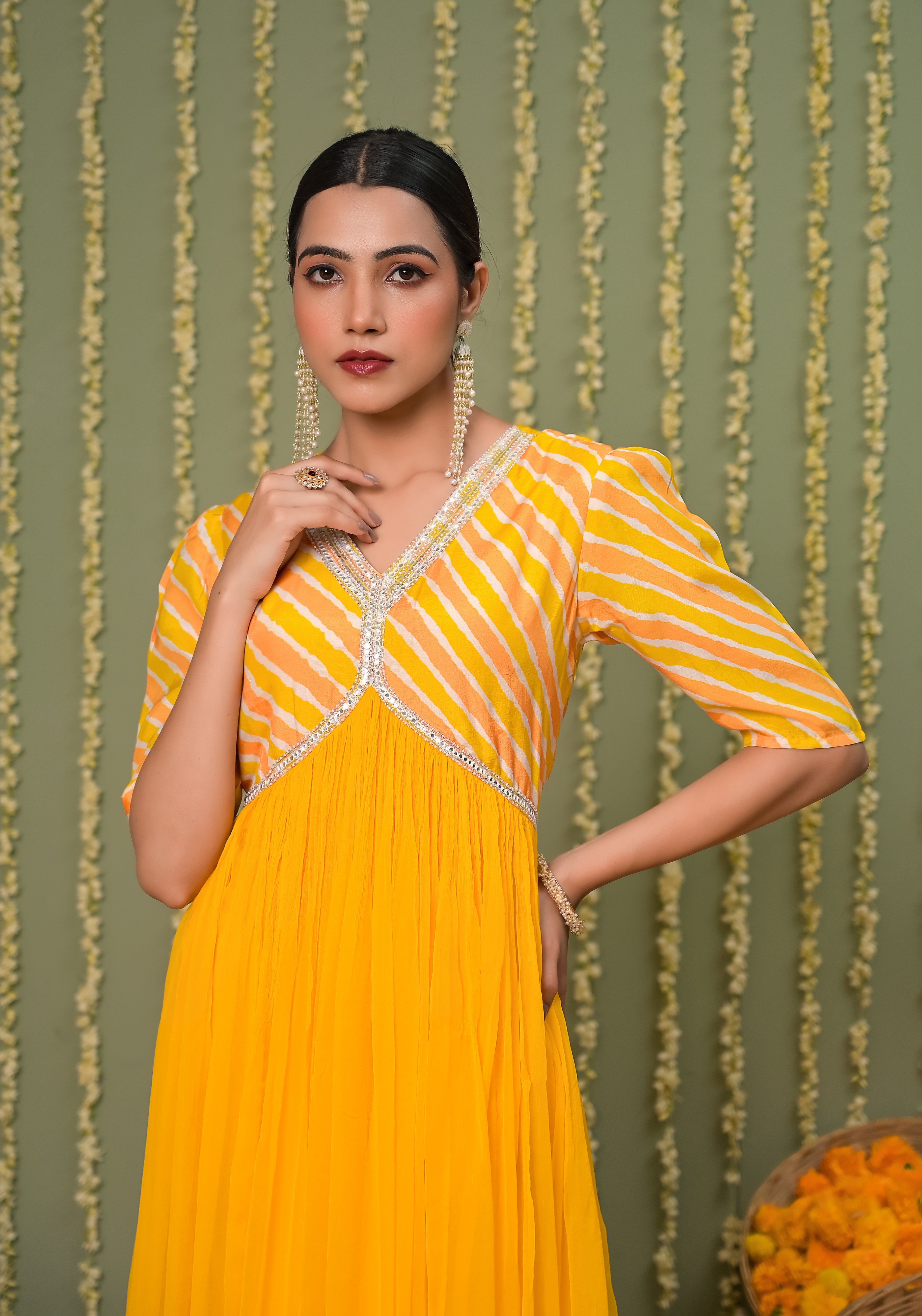 Amiya Leheriya Print Yoke and Solid Chiffon Dress
