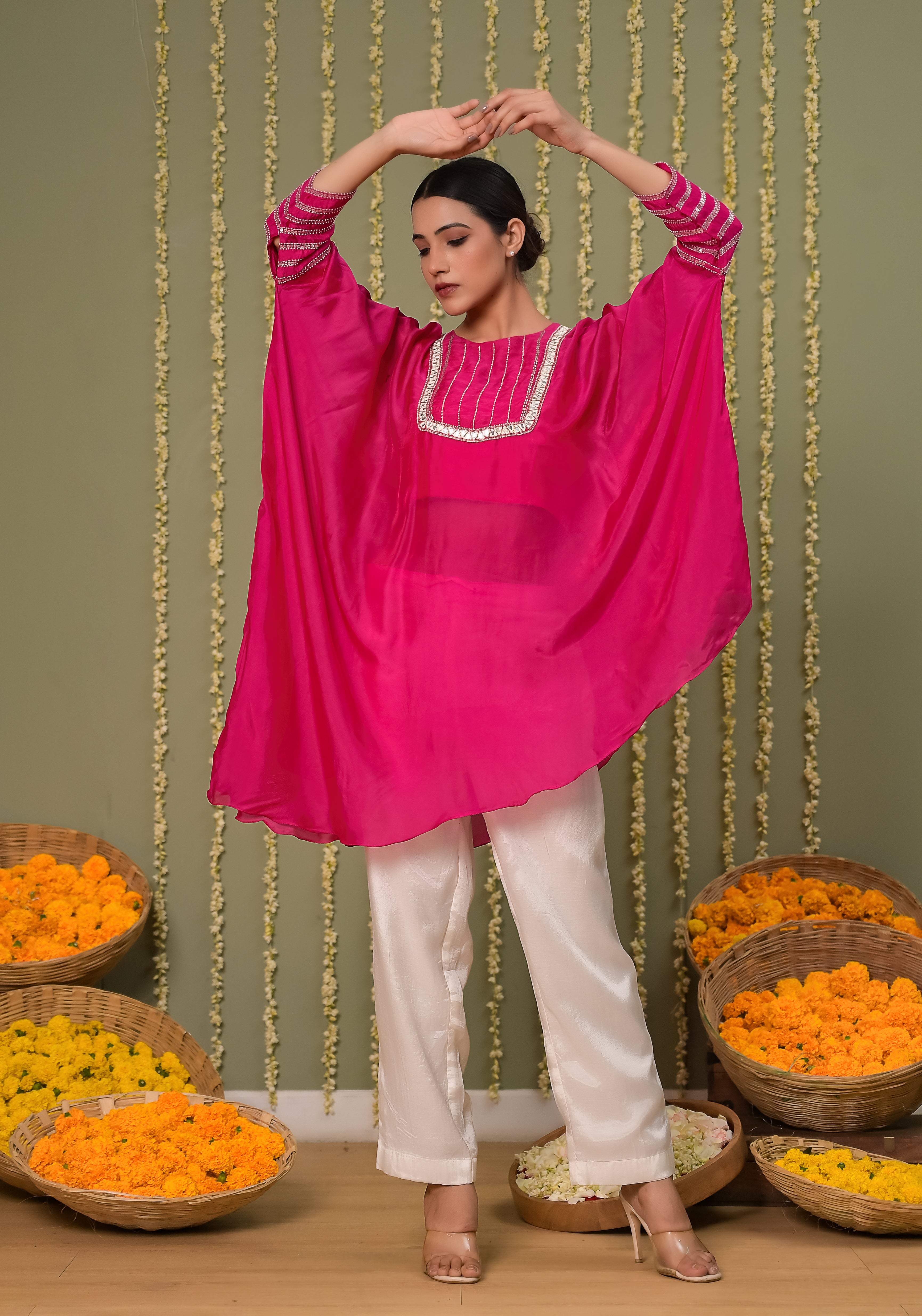 Gulabi leheriya kaftan set-3pcs
