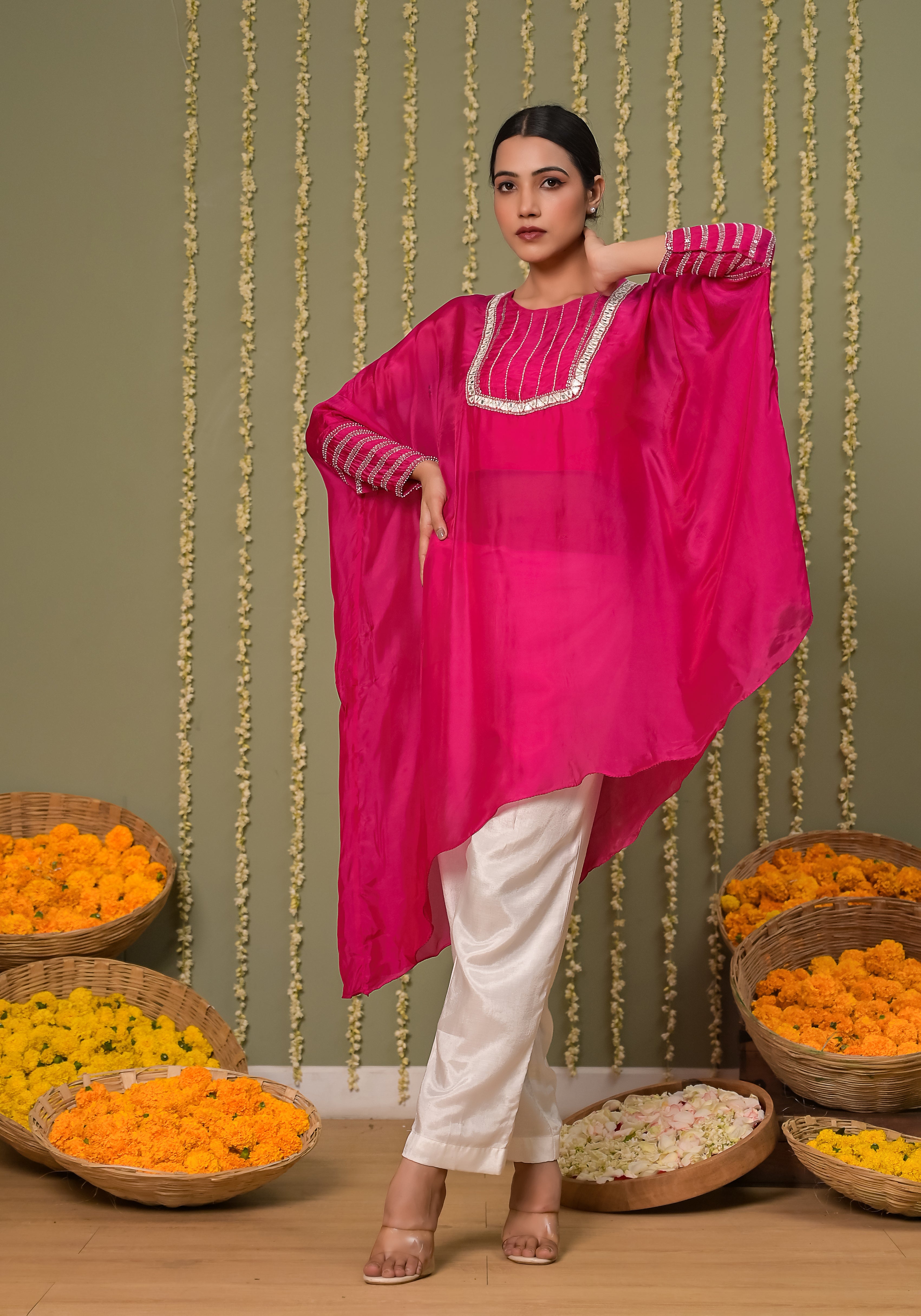 Gulabi leheriya kaftan set-3pcs