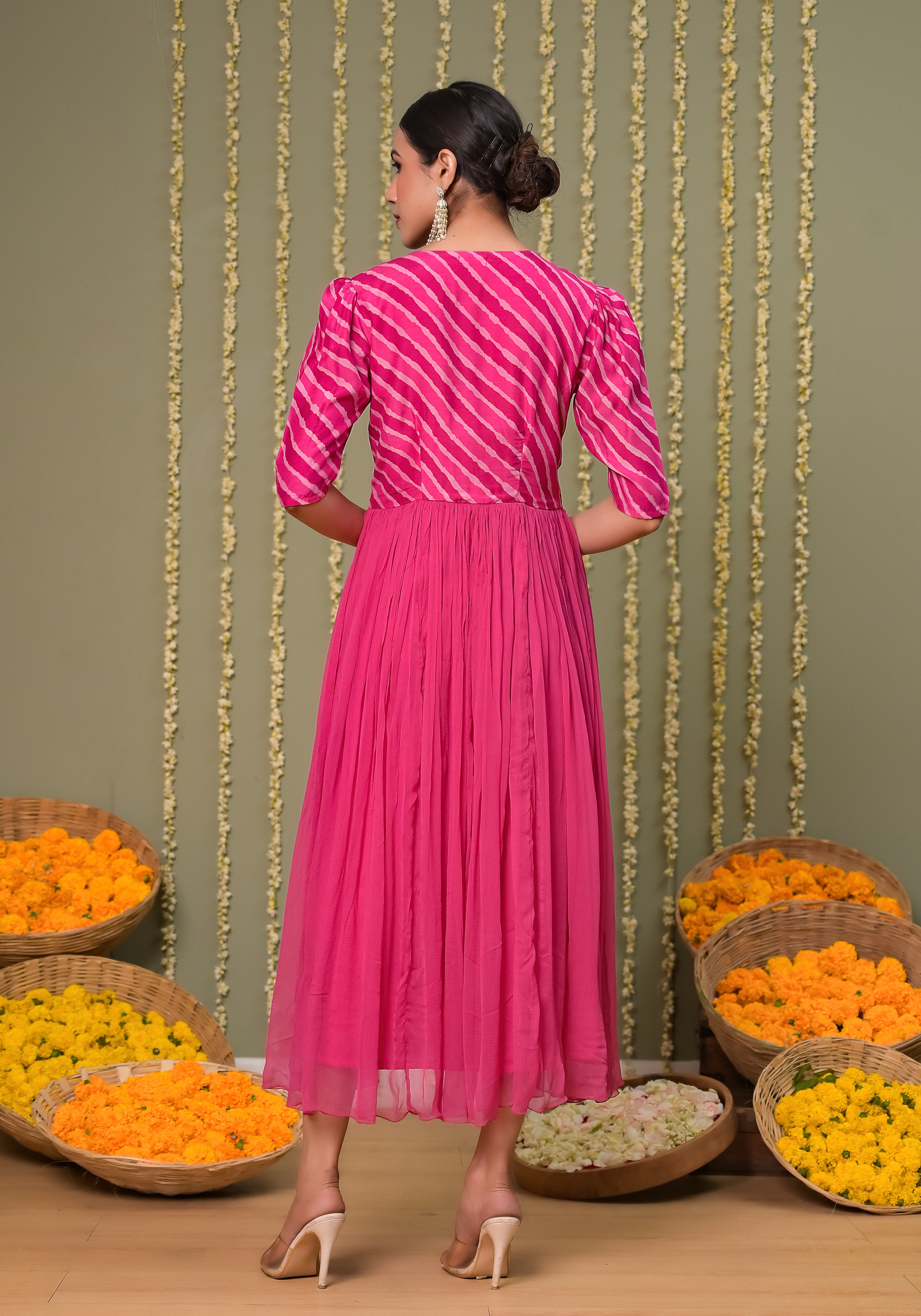 Gulabi Leheriya Print Yoke and Premium Solid Chiffon Dress