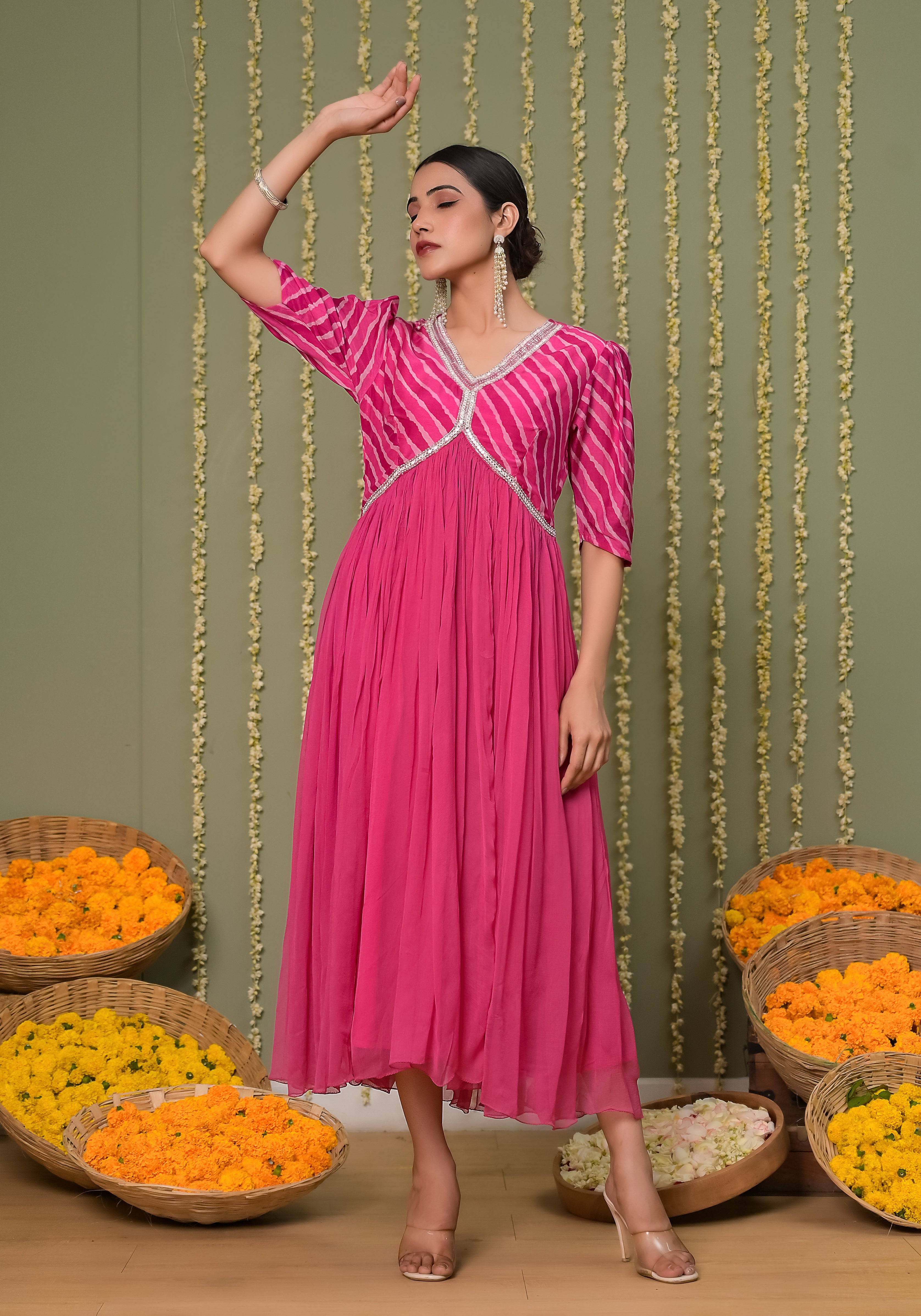 Gulabi Leheriya Print Yoke and Premium Solid Chiffon Dress