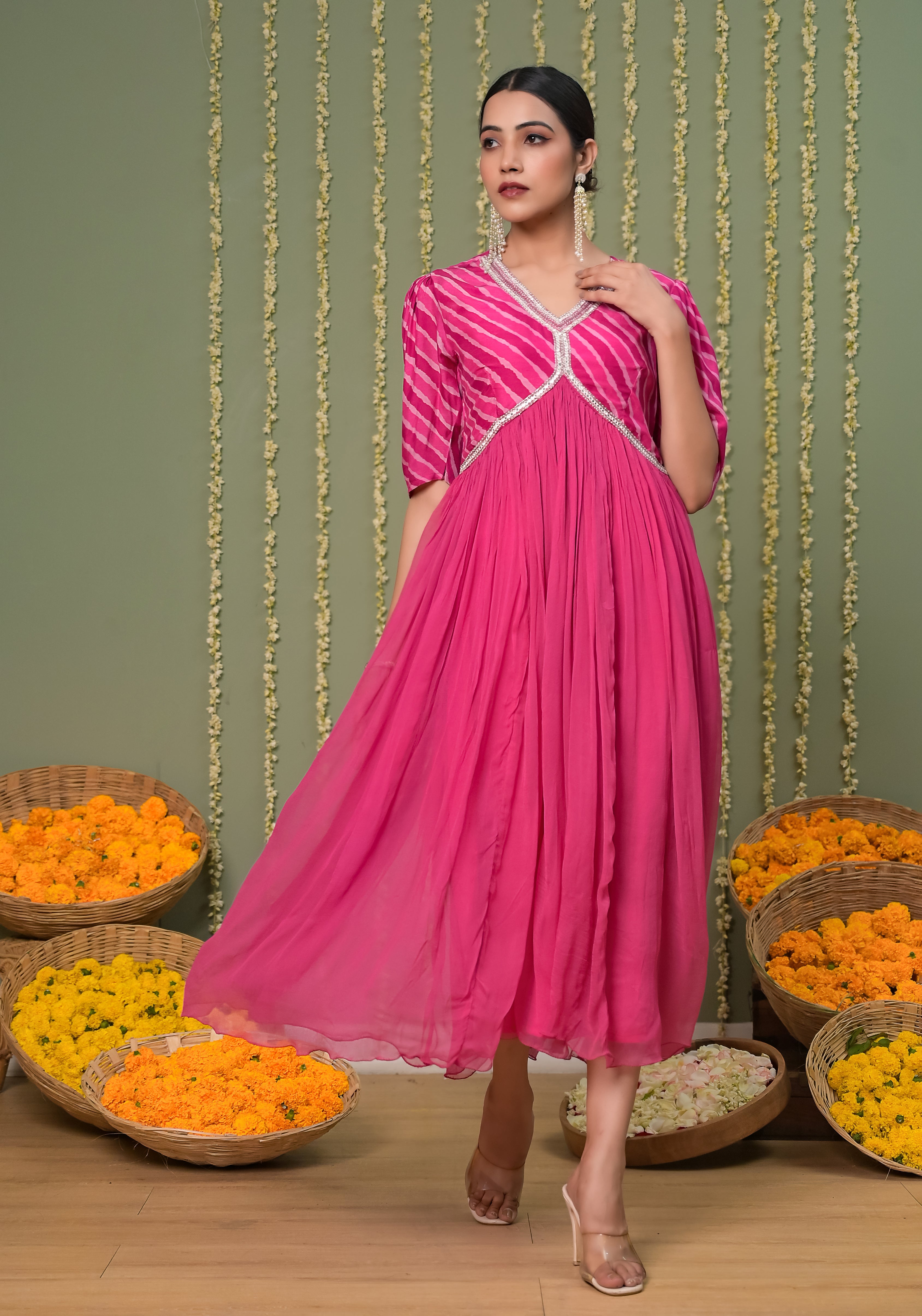 Gulabi Leheriya Print Yoke and Premium Solid Chiffon Dress