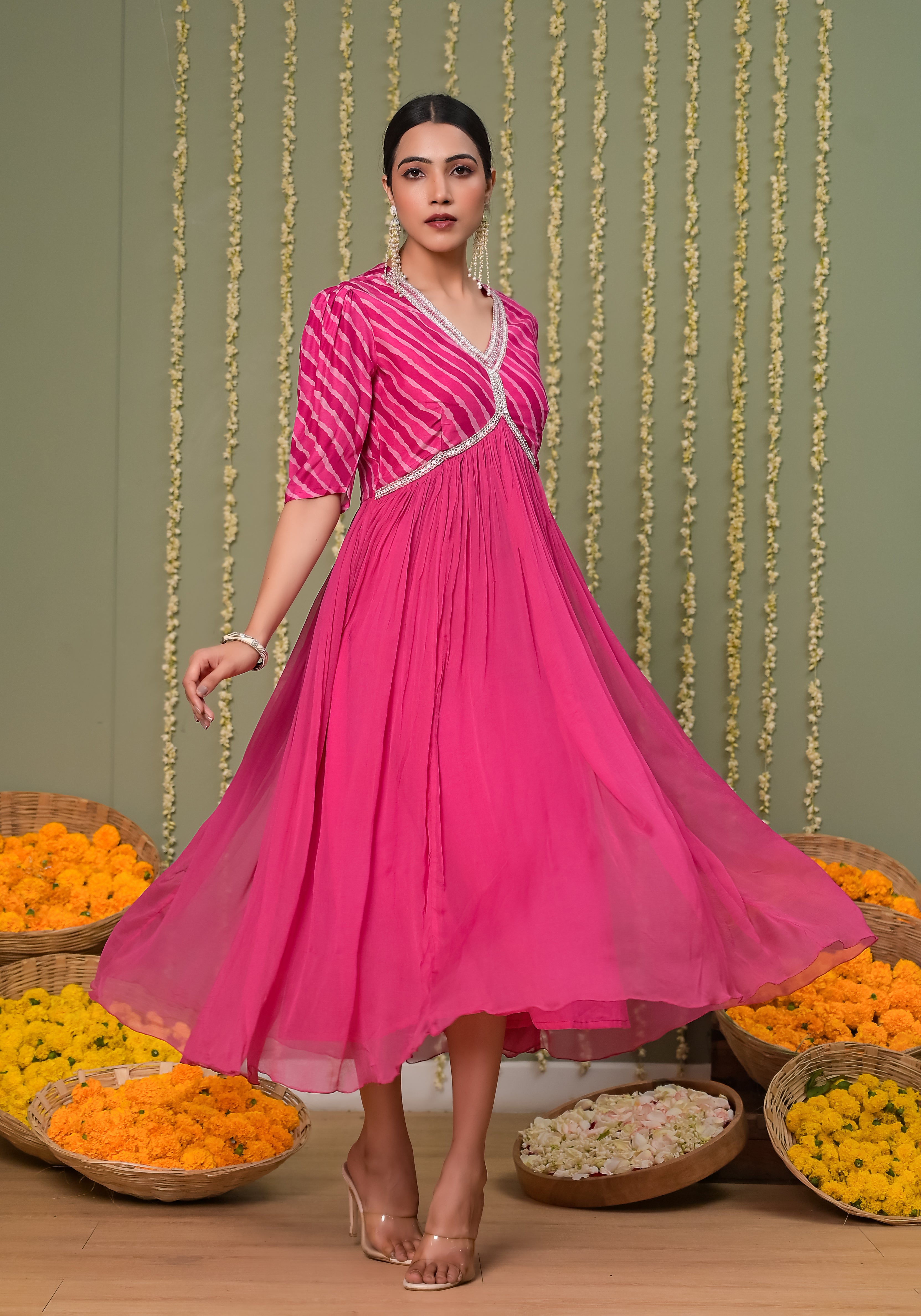 Gulabi Leheriya Print Yoke and Premium Solid Chiffon Dress