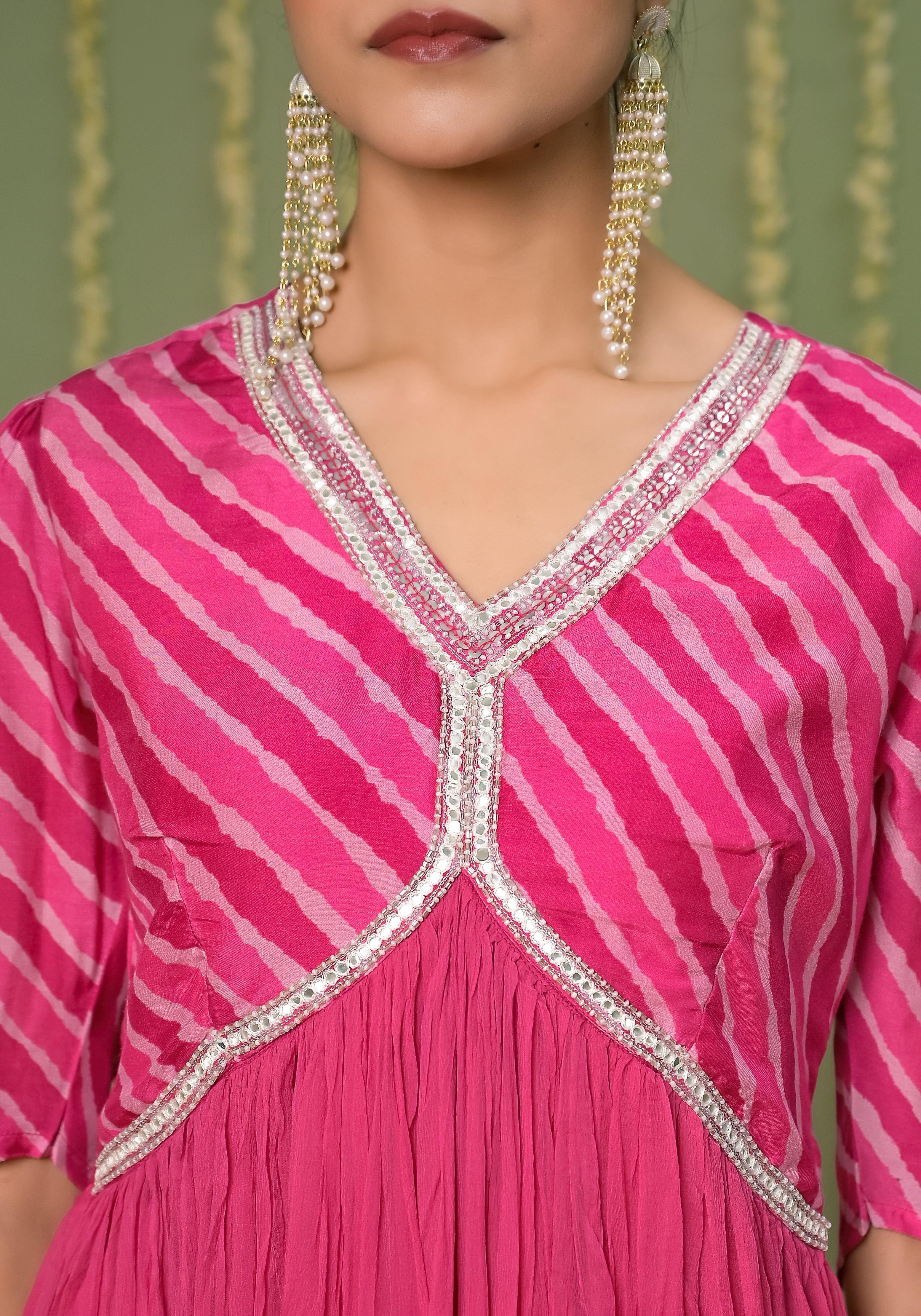 Gulabi Leheriya Print Yoke and Premium Solid Chiffon Dress