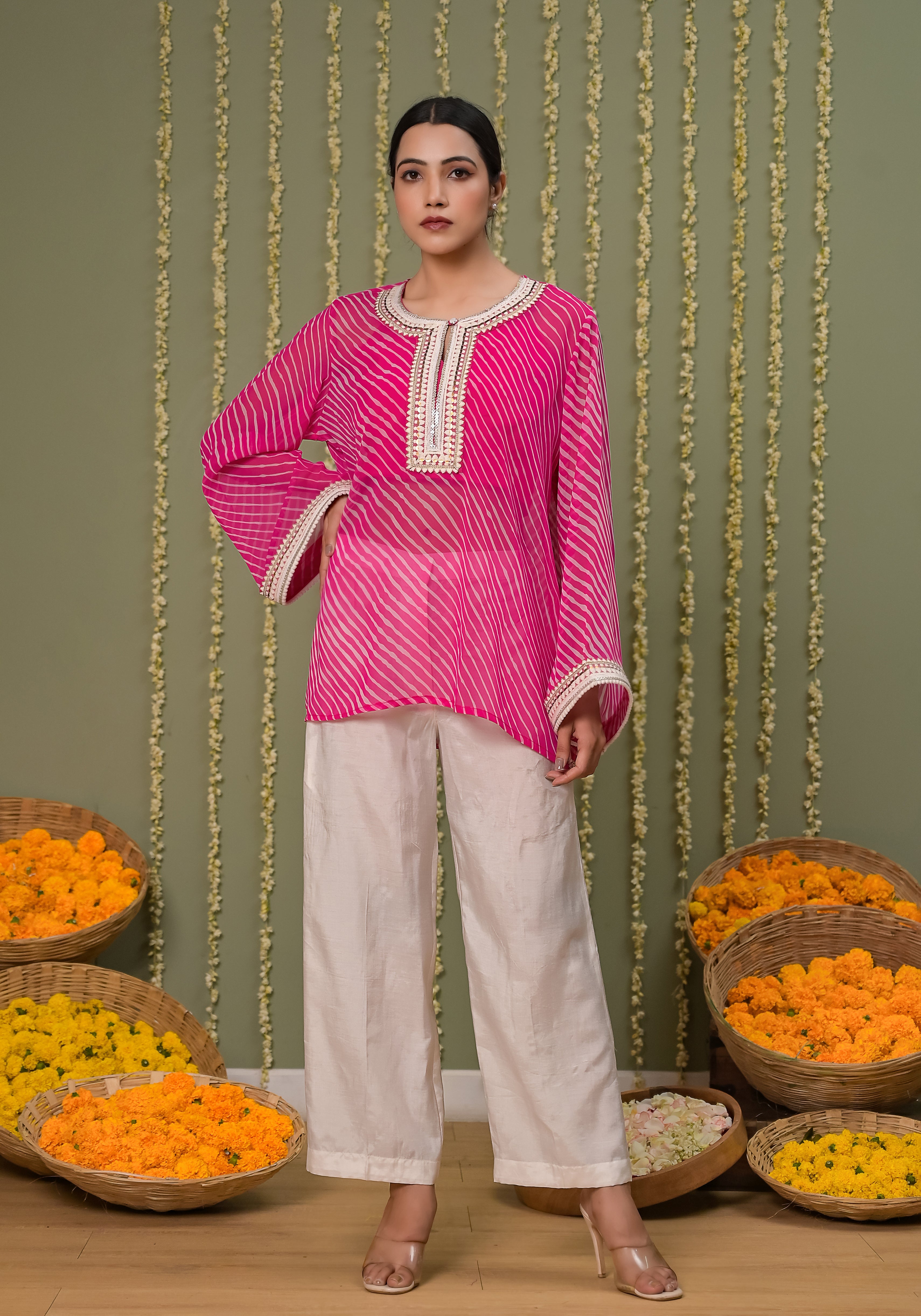 Pink Leheriya Printed Crochet Detailing Shirt.