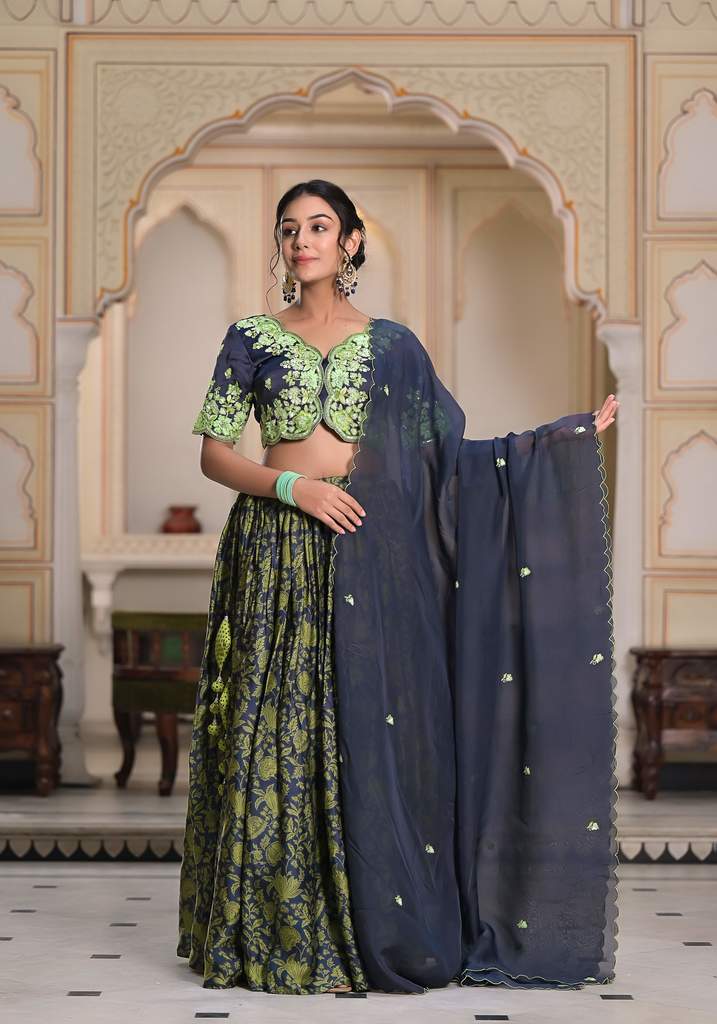 Grey Ajrak Lehenga Set-3PCS