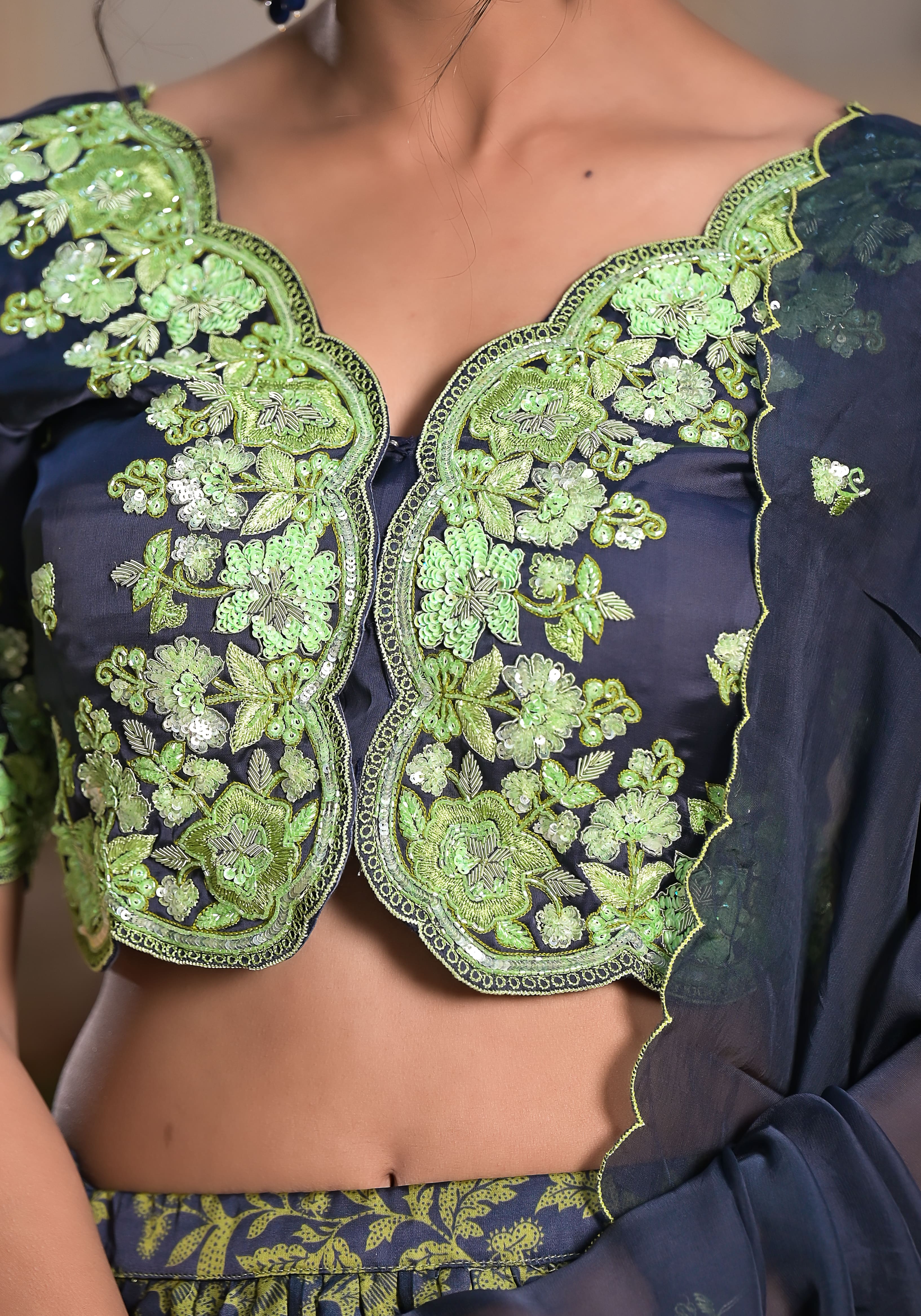 Grey Ajrak Lehenga Set-3PCS