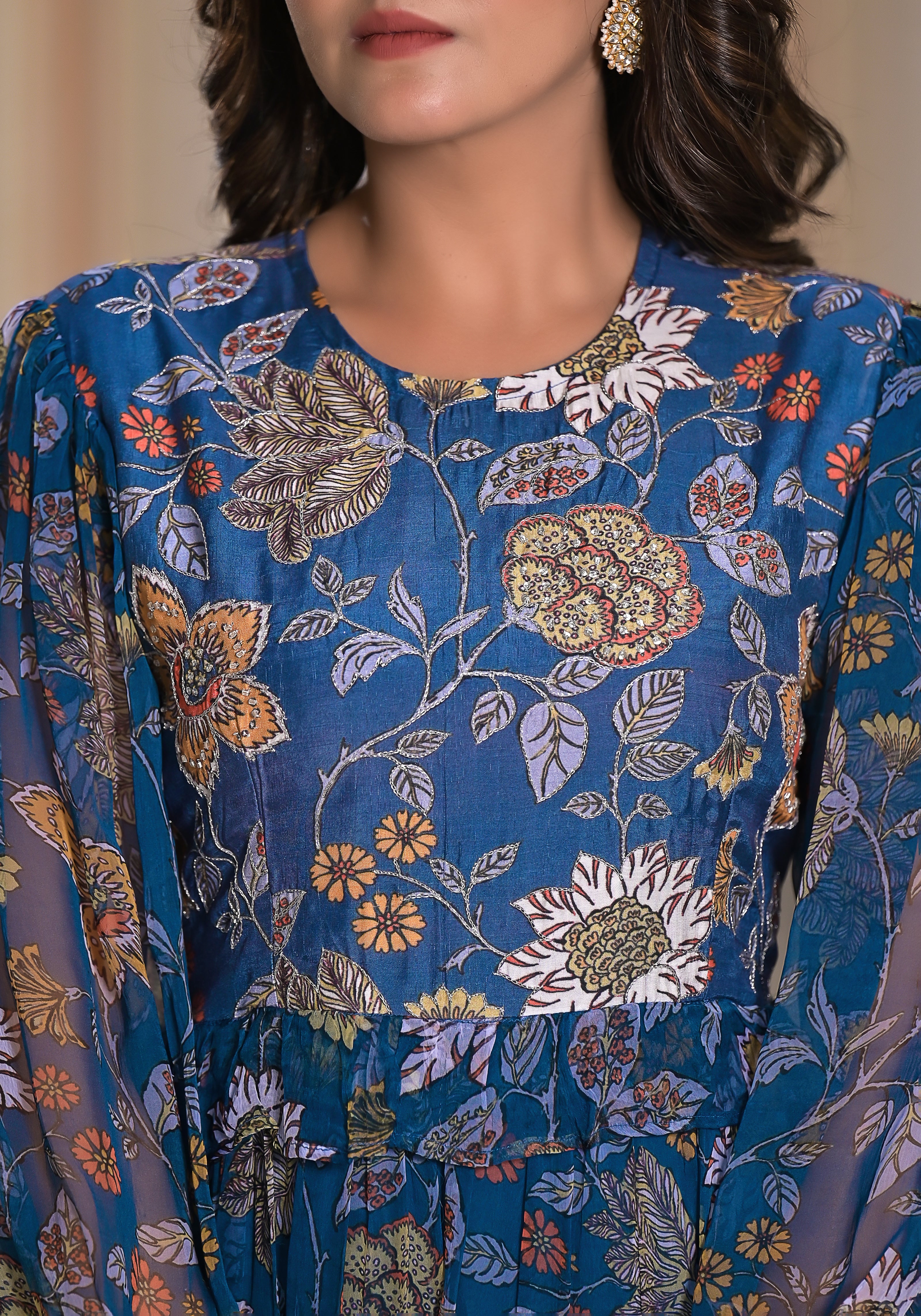 Azure Floral Fantasy Printed Chiffon Blue Tier Dress