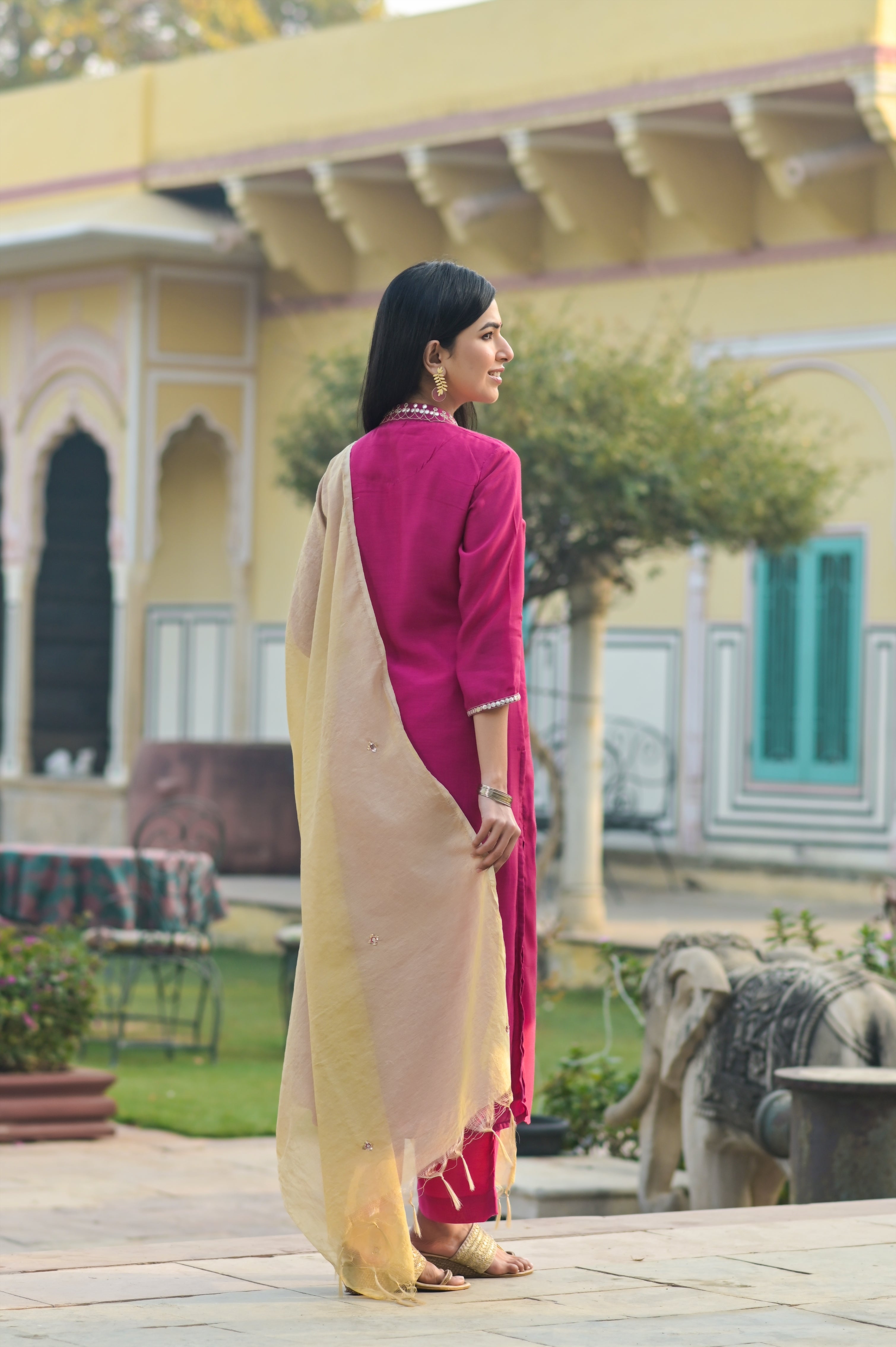 Hot Pink Silk Kurta Set-3pcs
