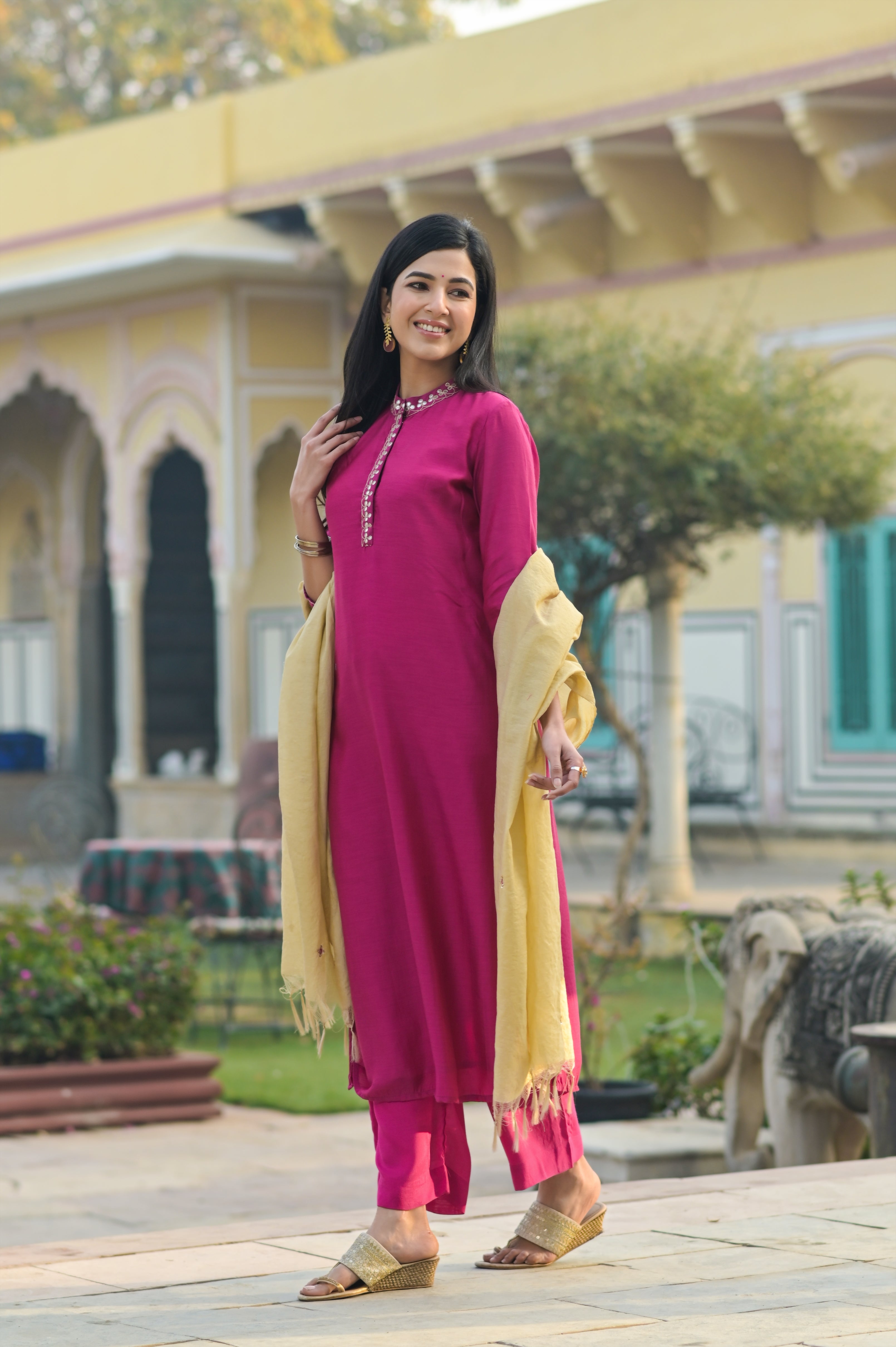 Hot Pink Silk Kurta Set-2pcs