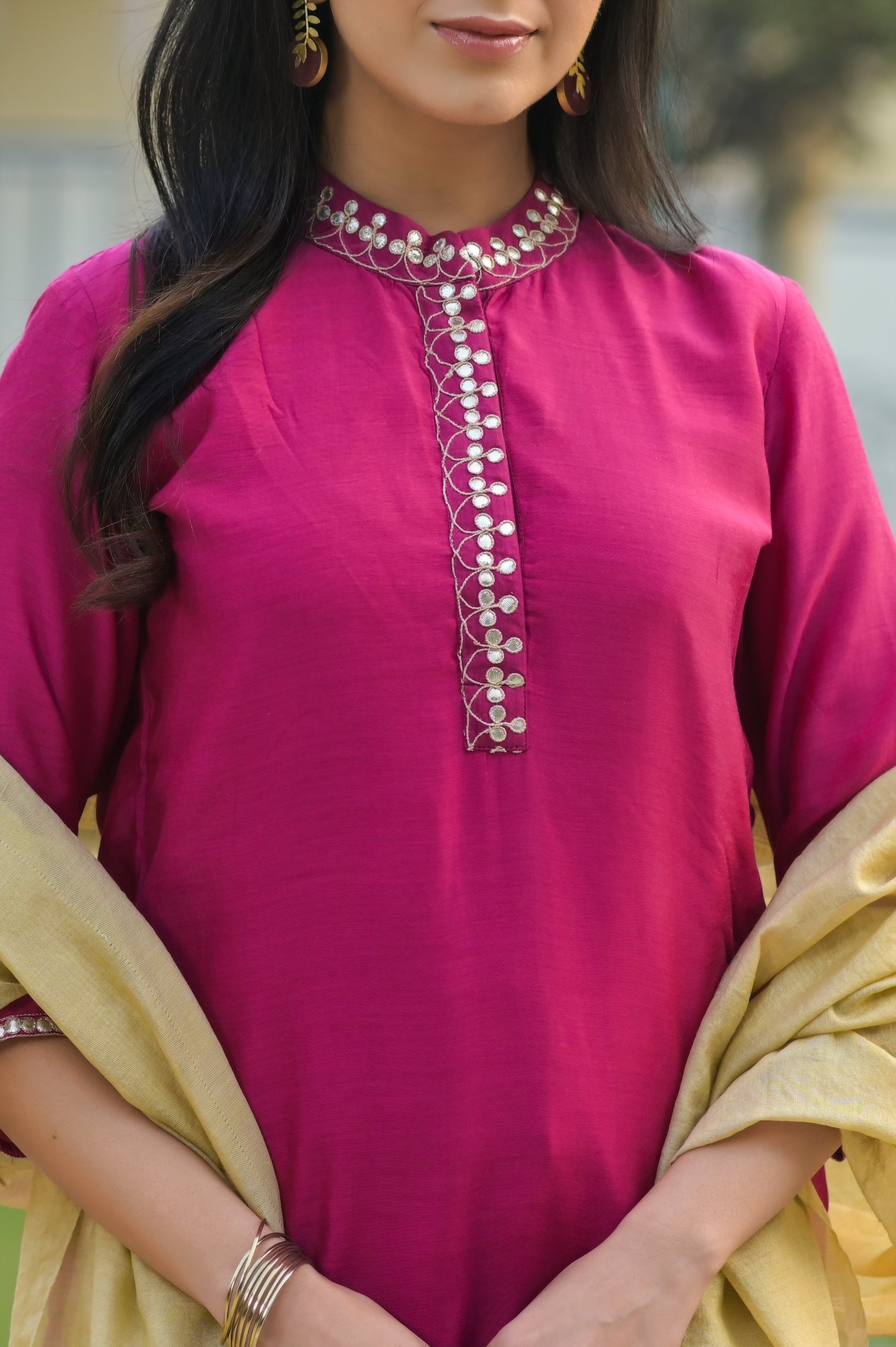 Hot Pink Silk Kurta Set-2pcs
