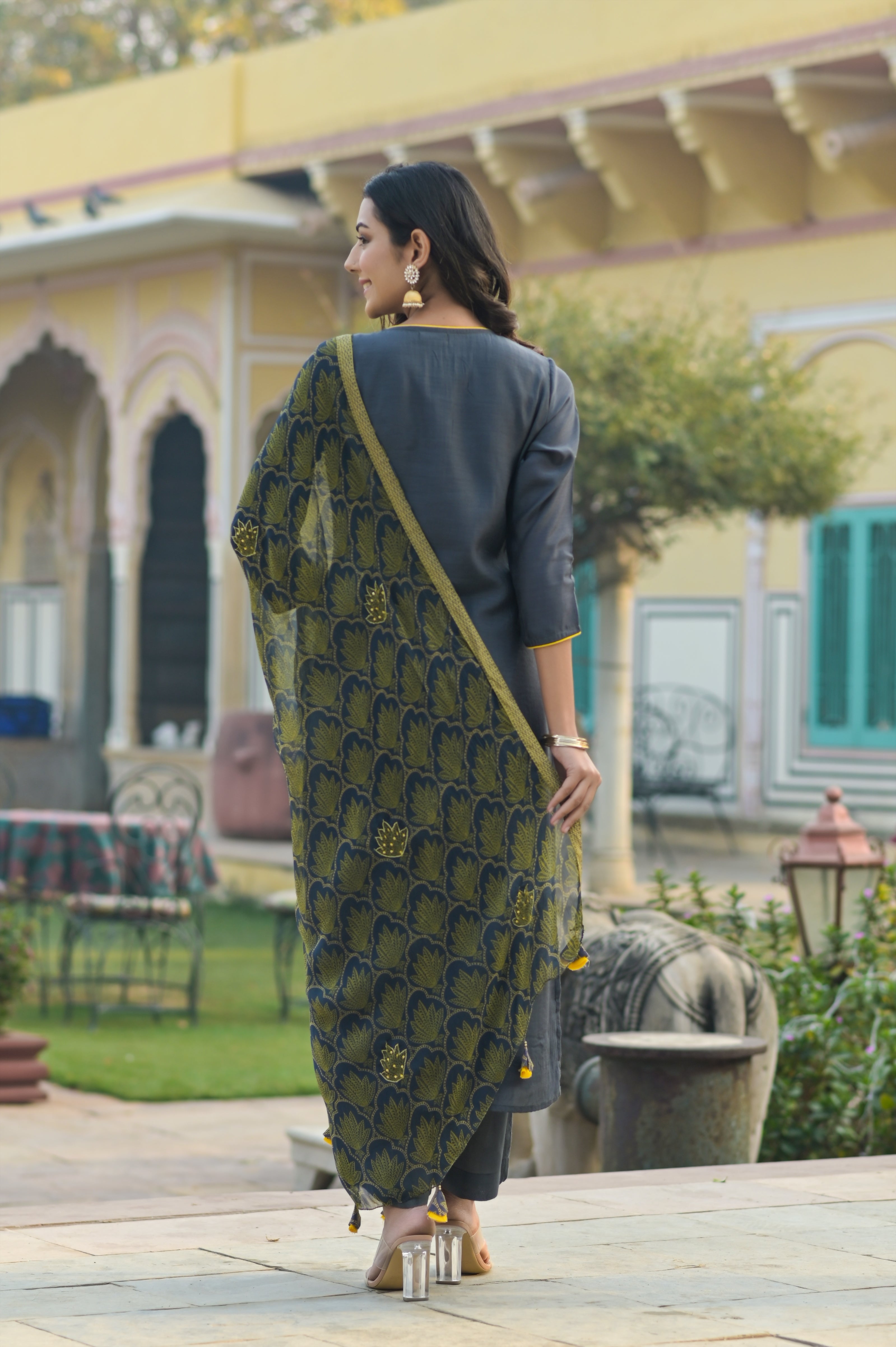Grey Sequined Lotus Buti Muslin Silk Kurta
