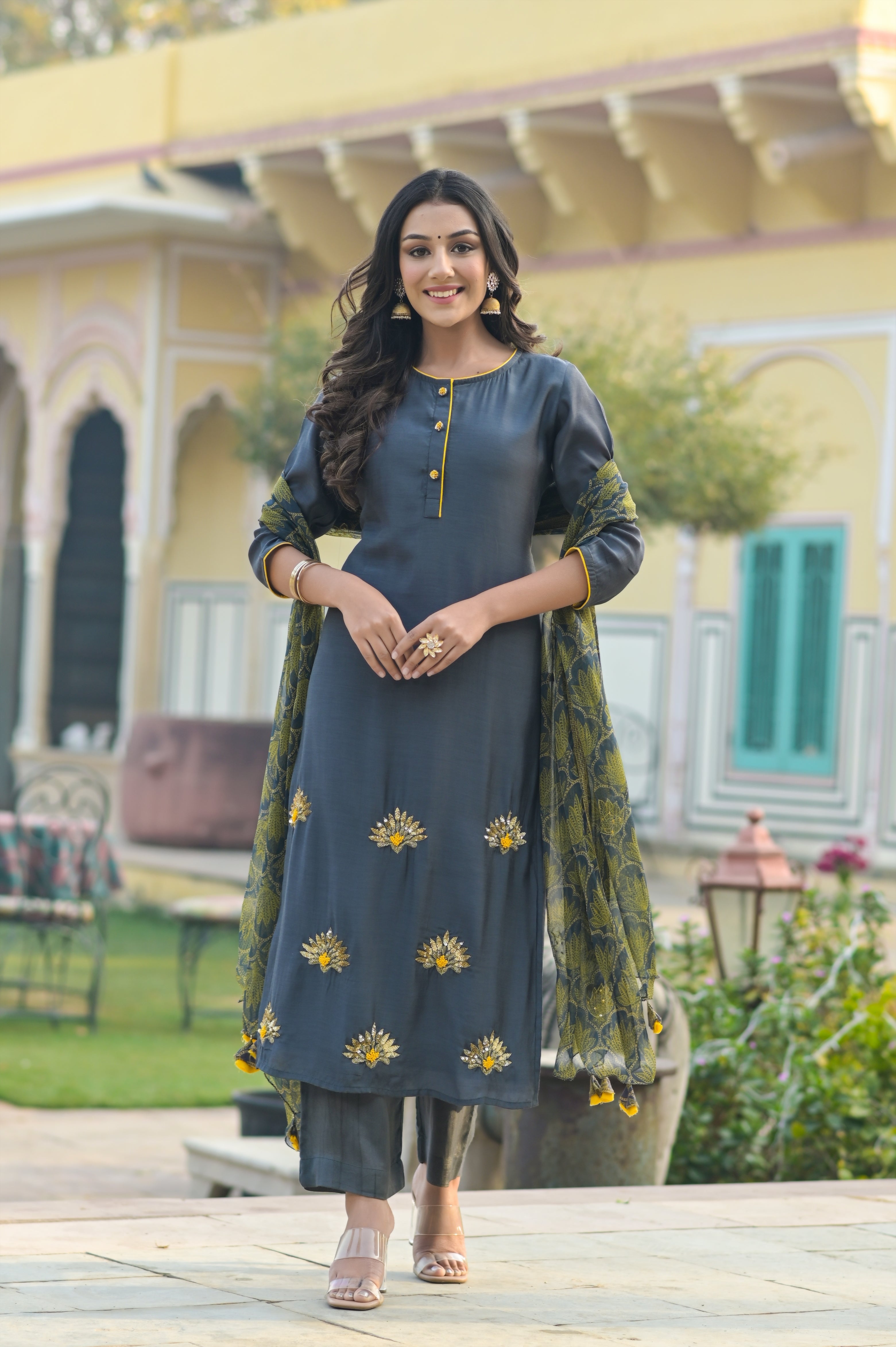 Grey Sequined Lotus Buti Kurta Set-3pcs