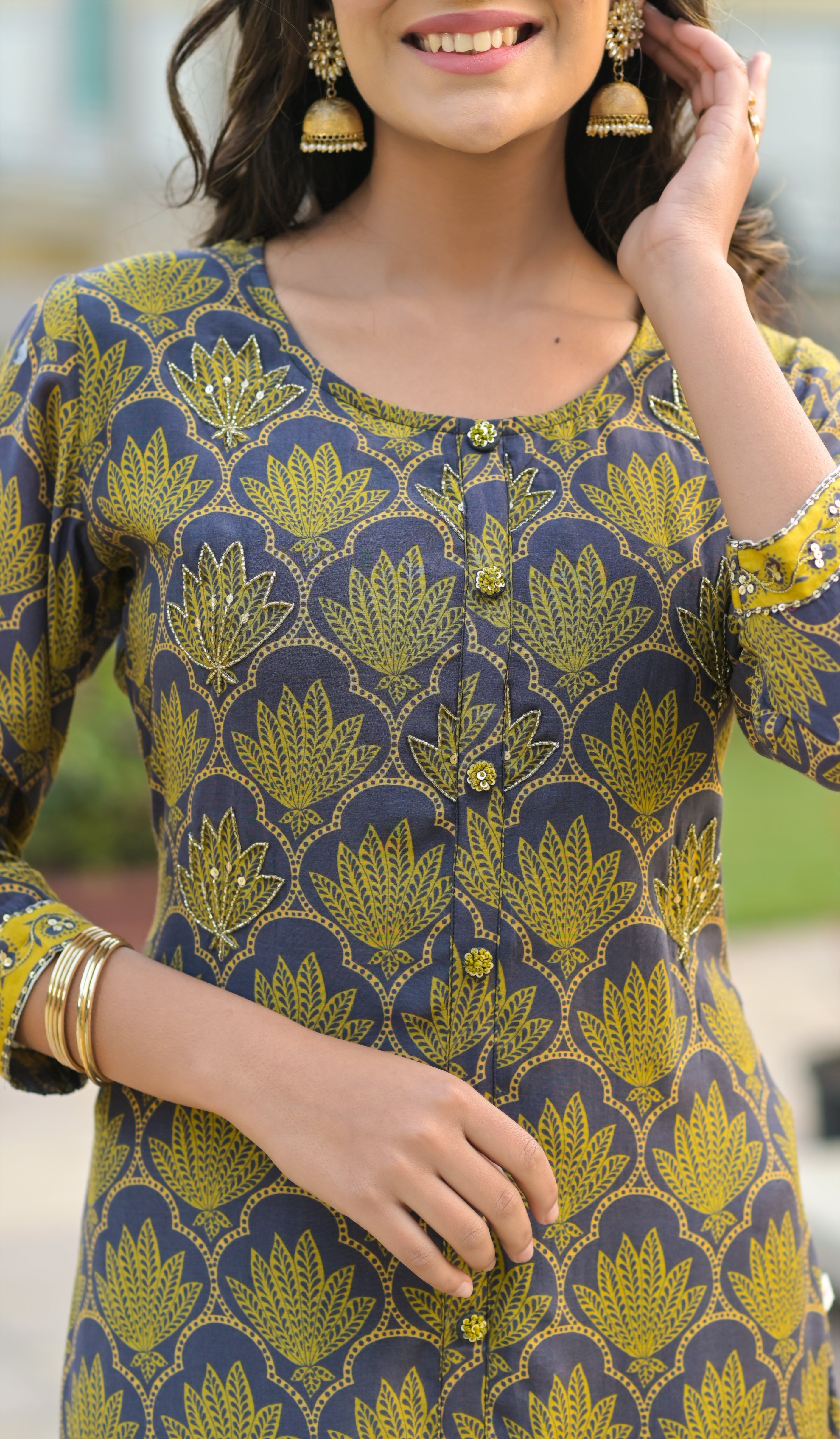 Grey Lotus Buti Jaal Buttoned Muslin Kurta