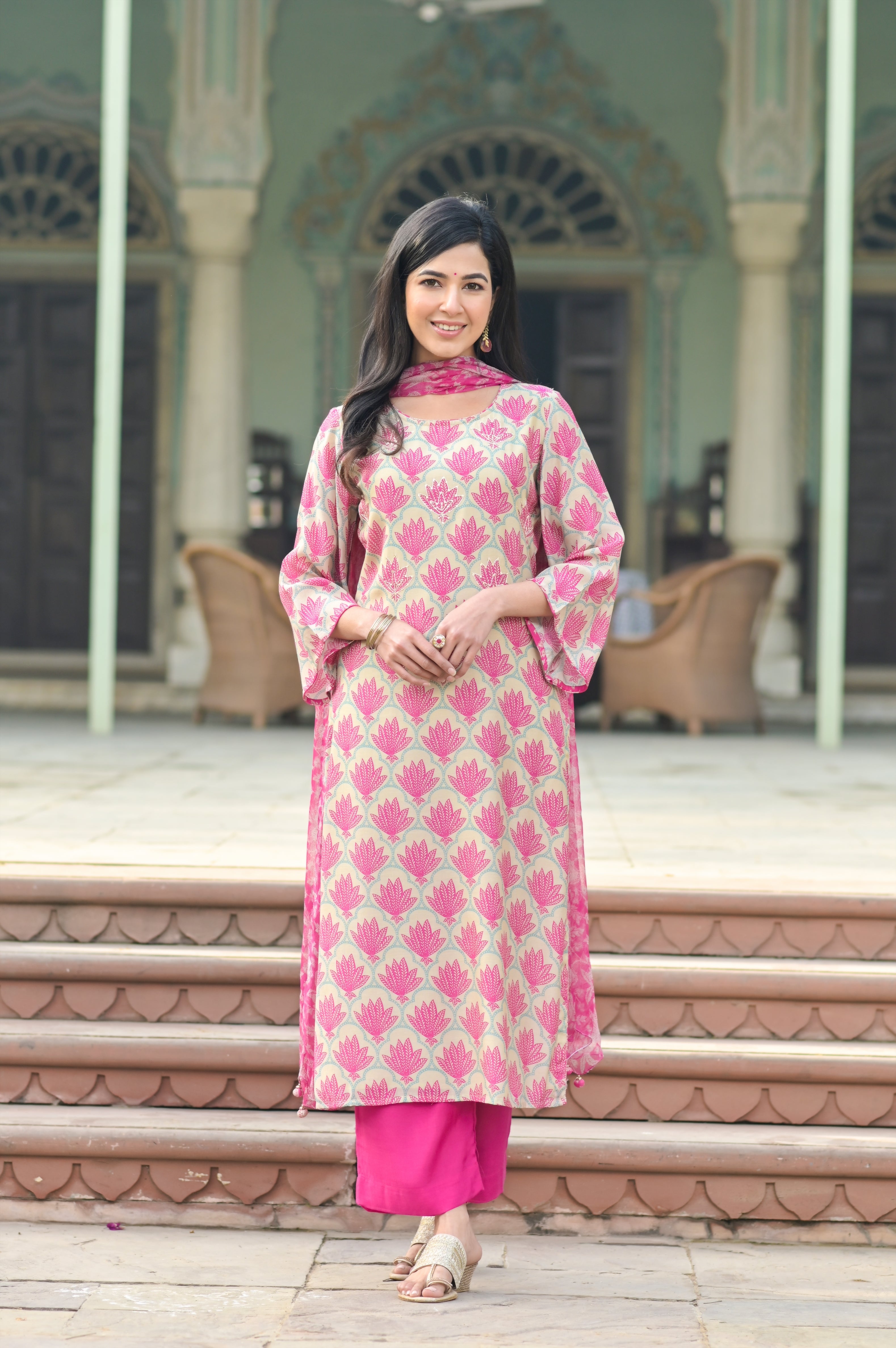 Pink Lotus Flared Sleeves Kurta Set-2pcs