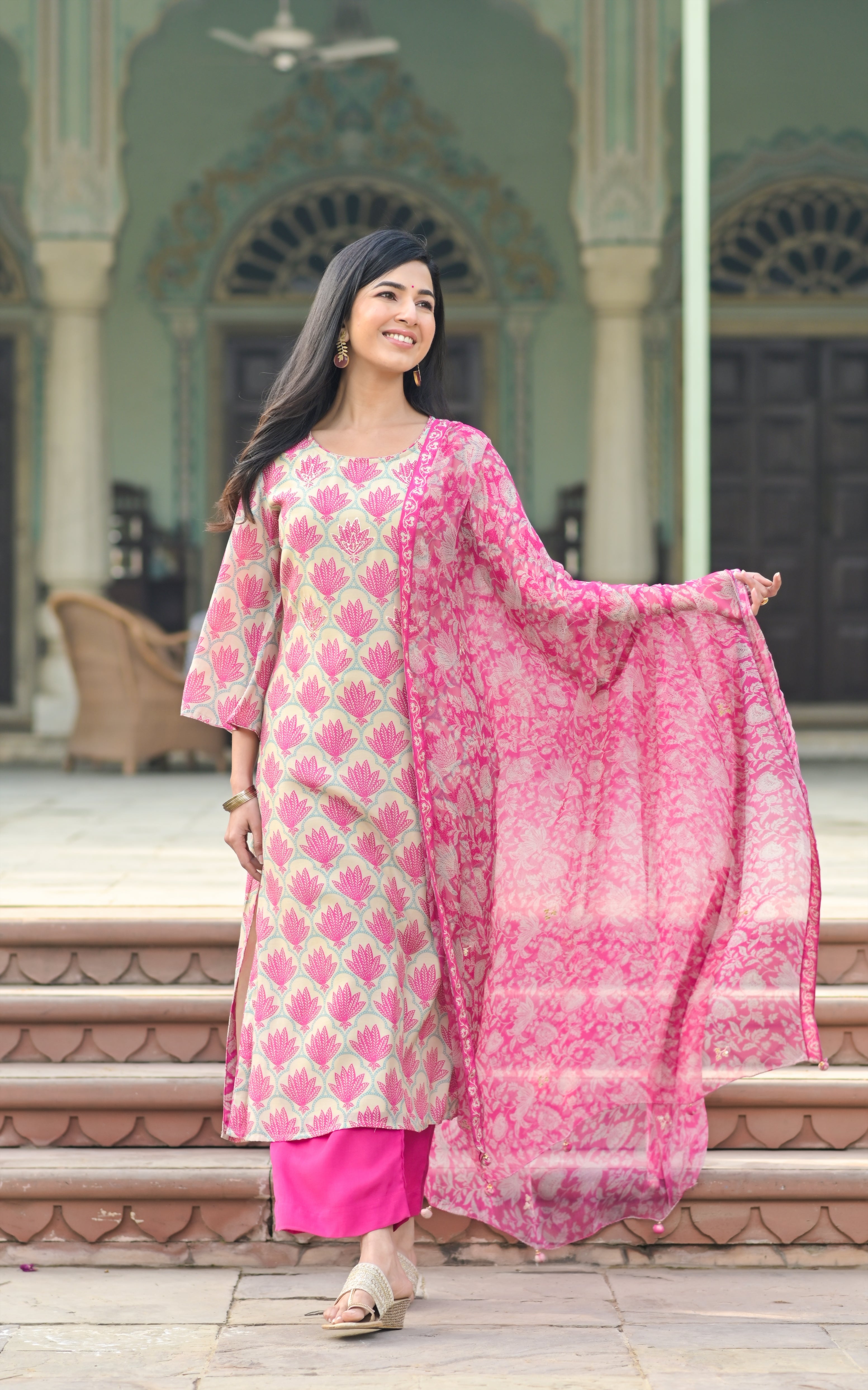 Pink Lotus Flared Sleeves Muslin Silk Kurta
