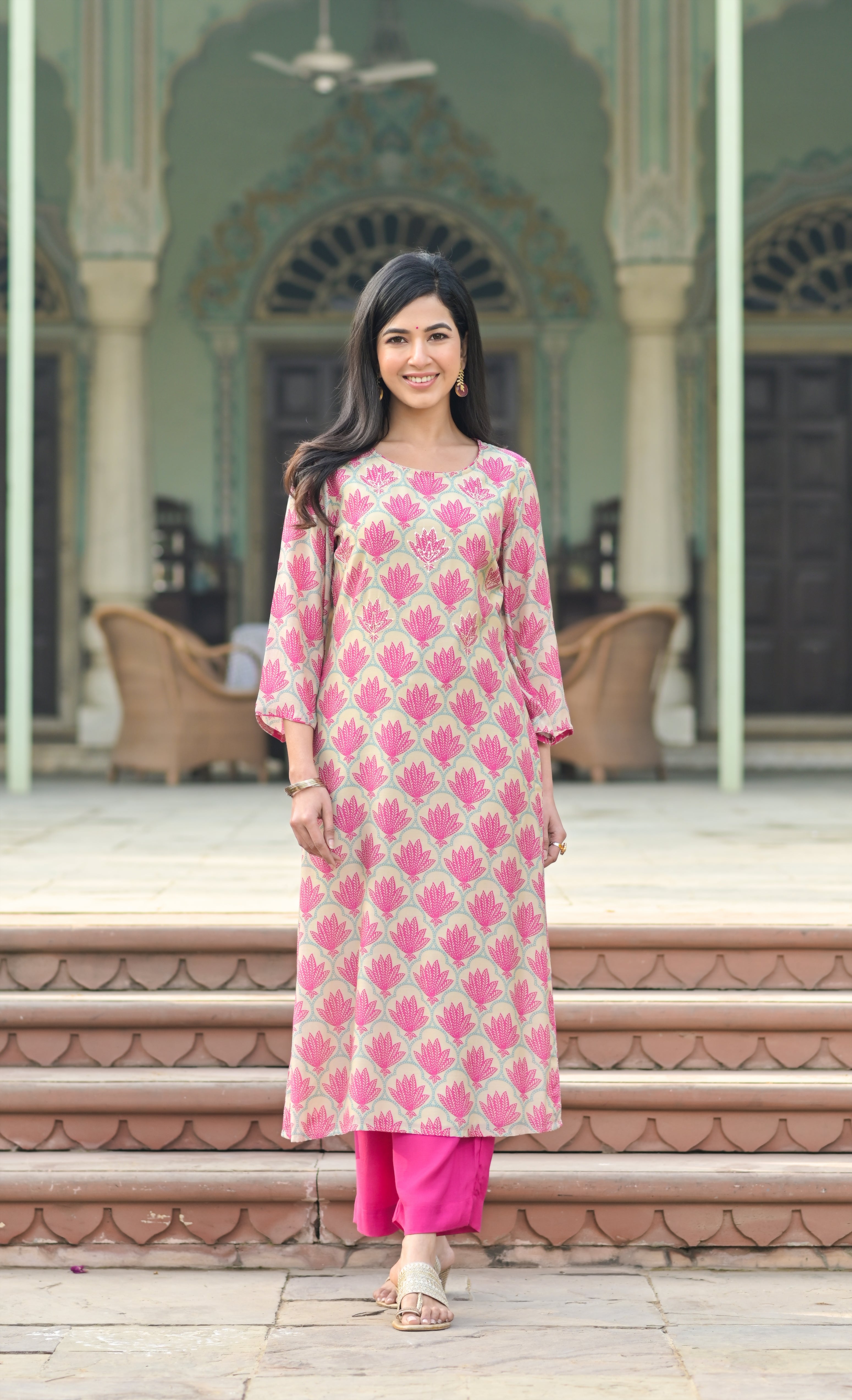 Pink Lotus Flared Sleeves Muslin Silk Kurta Set-3pcs