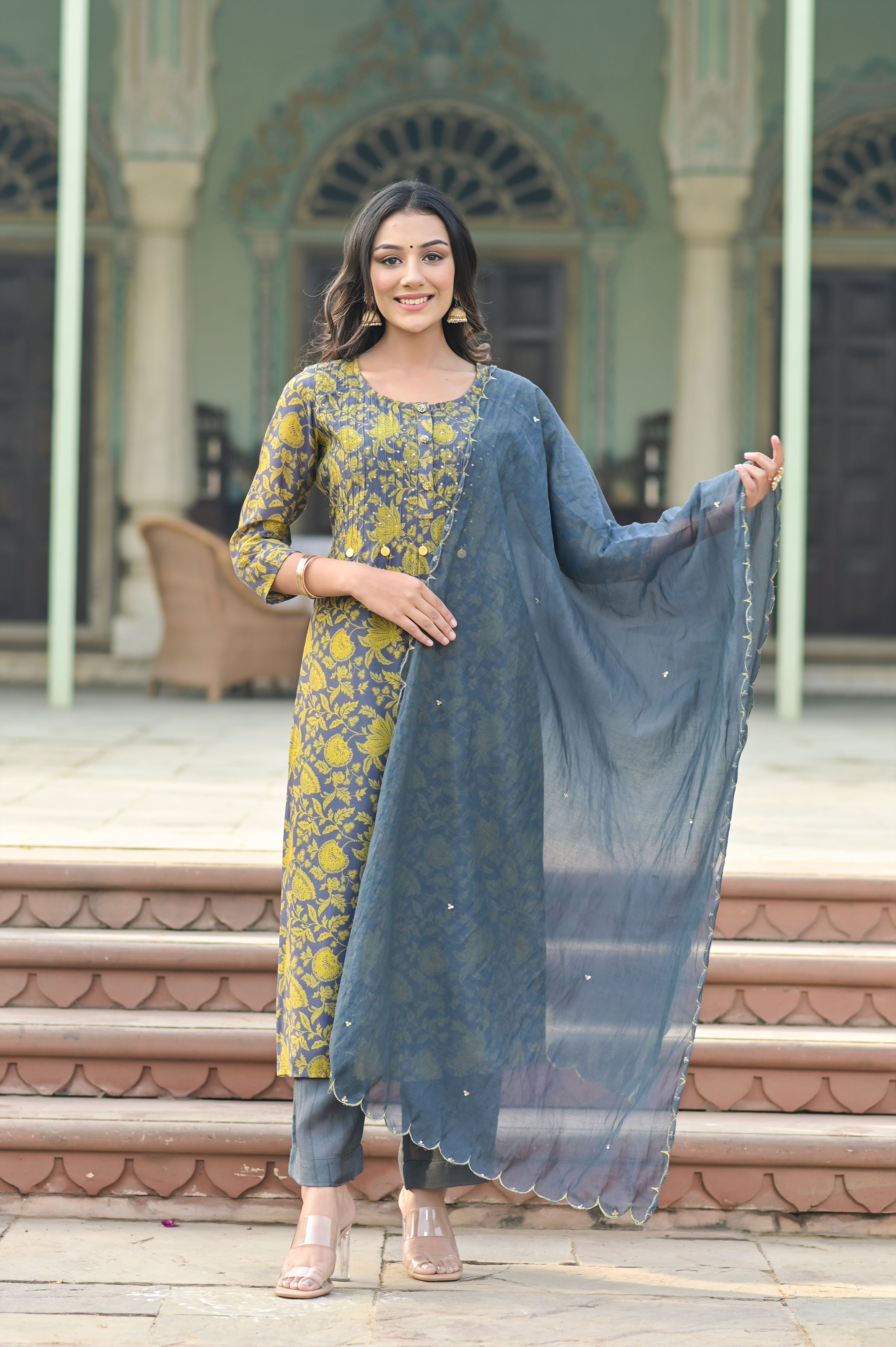 Grey Floral Jaal Straight Kurta Set-3pcs