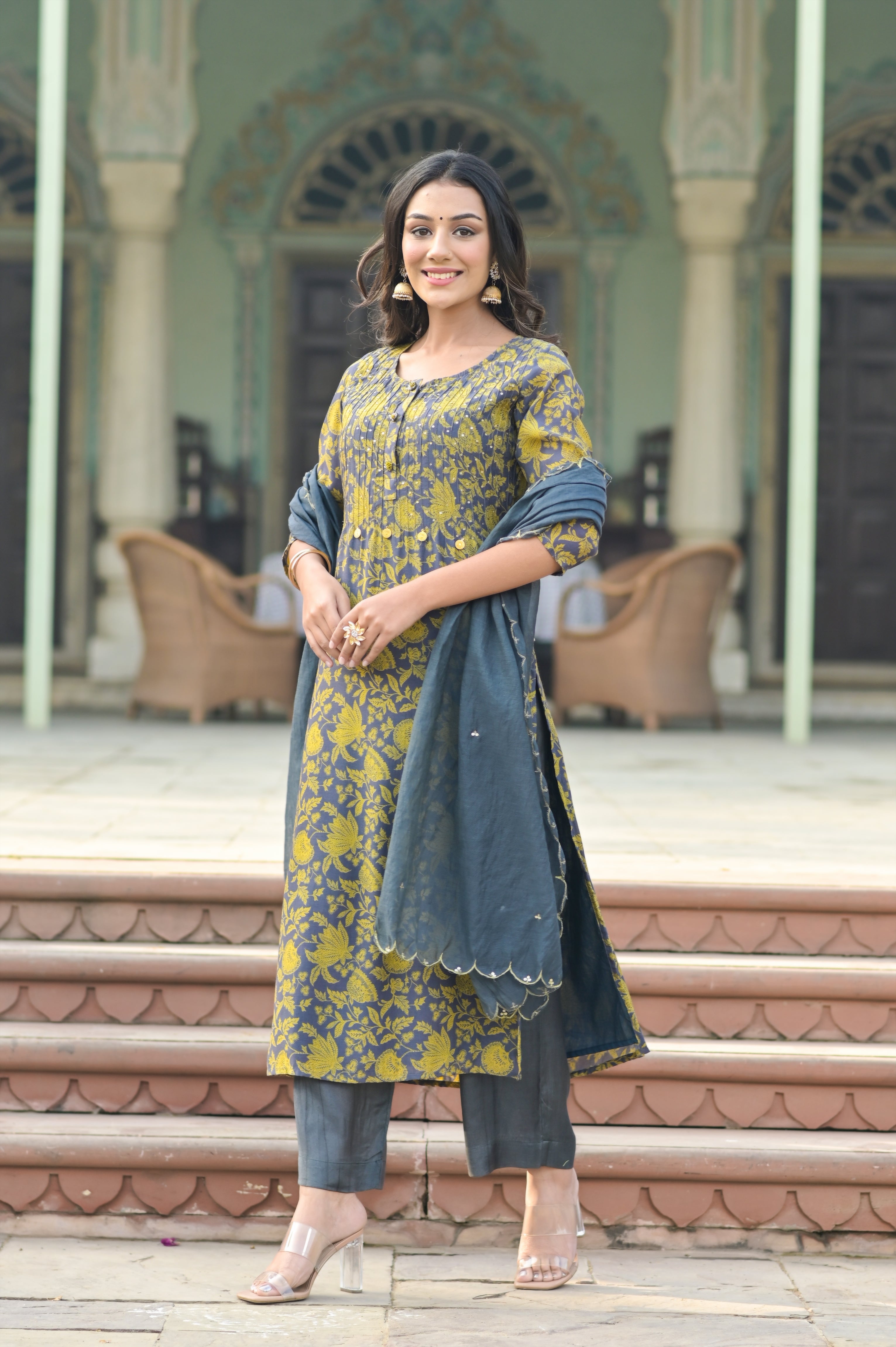 Grey Floral Jaal Straight Kurta Set-3pcs